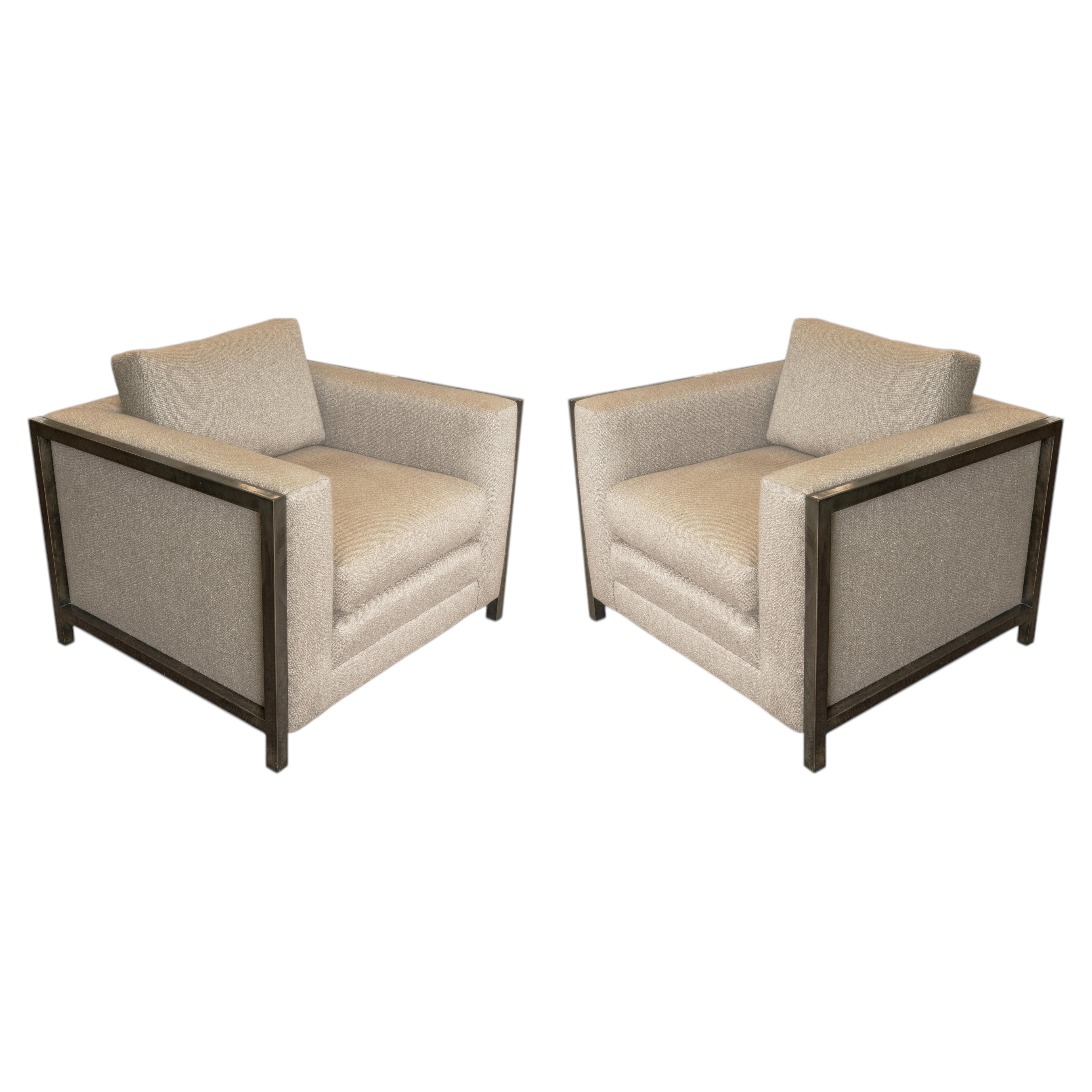 Pair Of Widdicomb Style Brass Wrapped Beige Upholstered Club Chairs