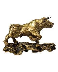 Paul Wellington - Charging Bull c. 1970s Signed Modernist Bronze Table Sculpture