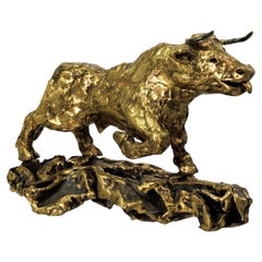 Paul Wellington - Charging Bull c. 1970s Signed Modernist Bronze Table Sculpture