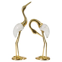Pair Of 1980s Hollywood Regency Glass And Brass Heron Table Sculptures