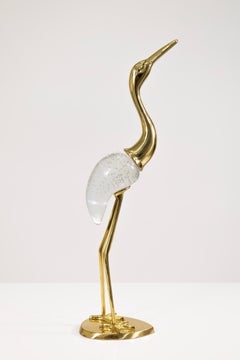 Pair Of 1980s Hollywood Regency Glass And Brass Heron Table Sculptures