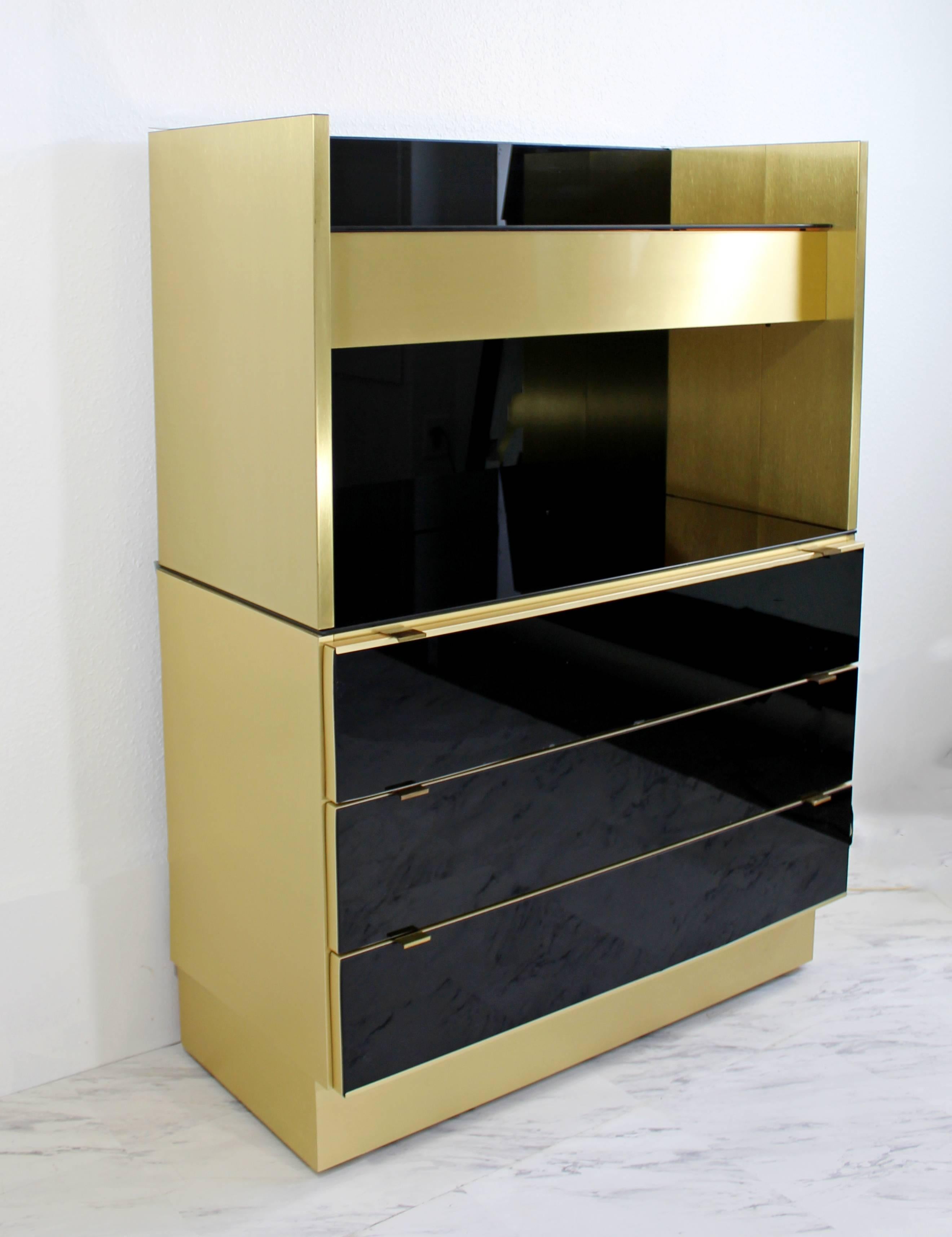 Hollywood Regency Mid-Century Modern Ello Attributed Brass Smoked Glass & Mirrored Lighted Dry Bar