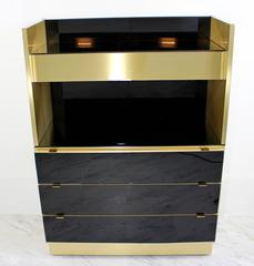 Mid-Century Modern Ello Attributed Brass Smoked Glass & Mirrored Lighted Dry Bar