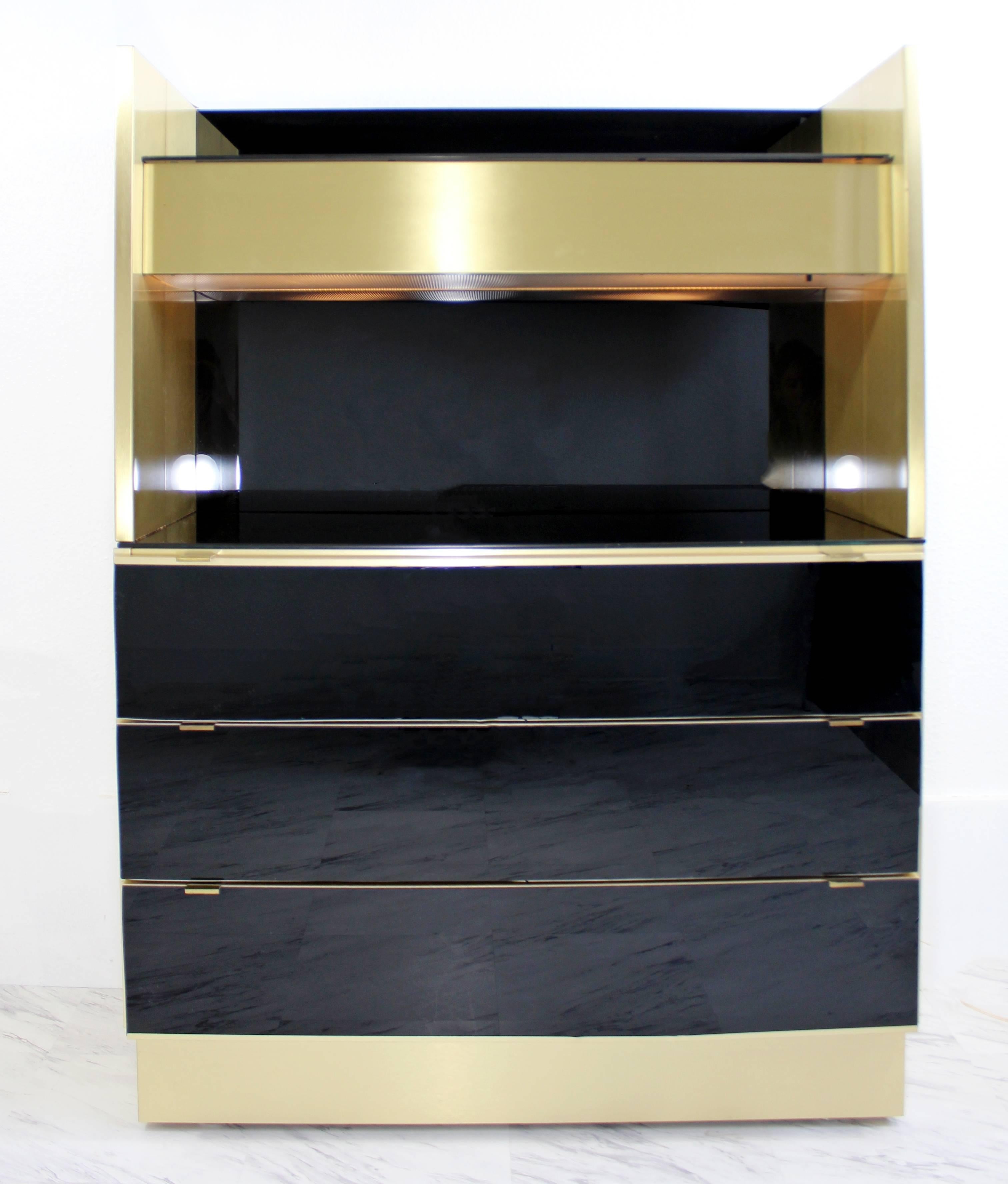 American Mid-Century Modern Ello Attributed Brass Smoked Glass & Mirrored Lighted Dry Bar