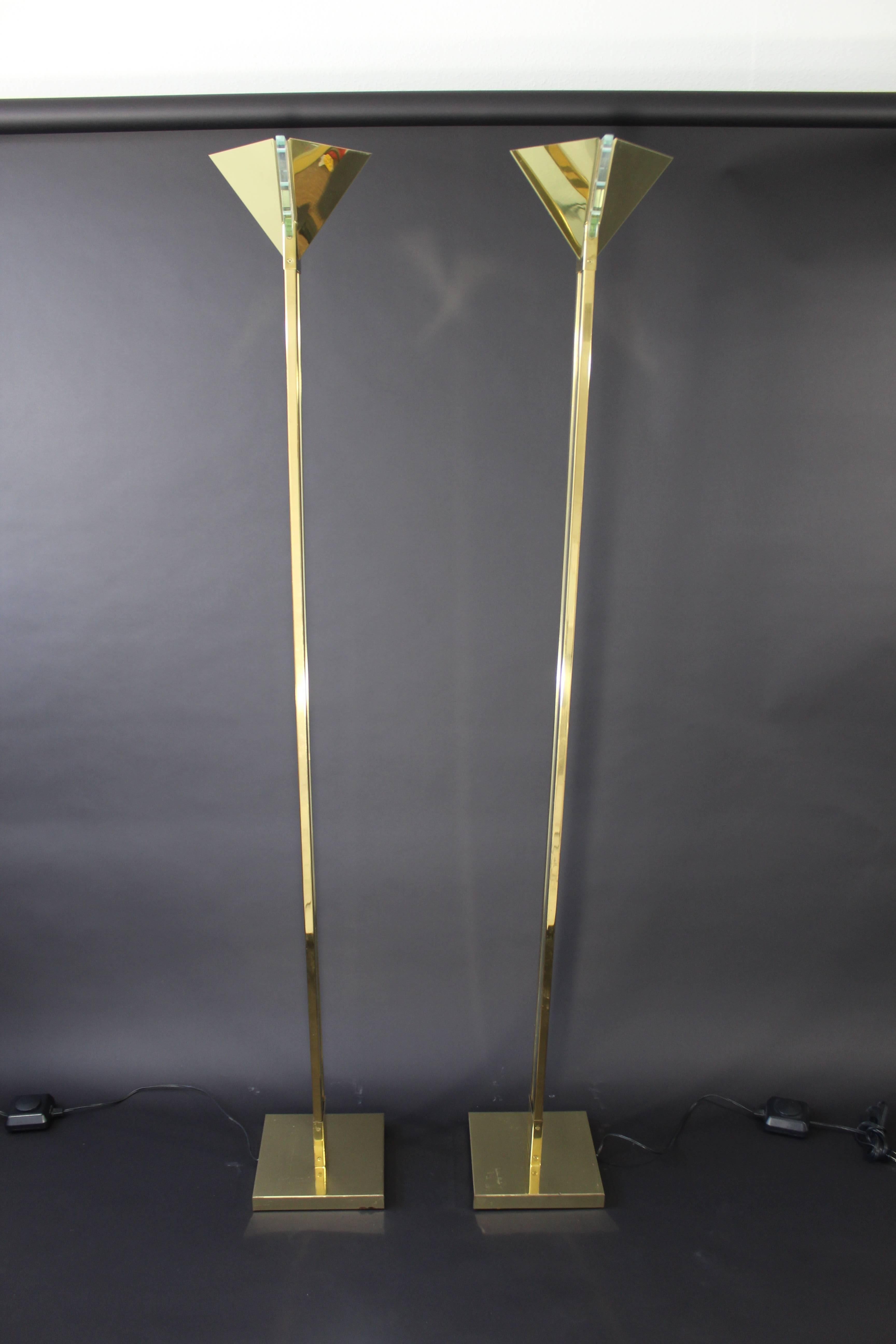 Mid-Century Modern Sonneman for Kovacs Brass Lucite Torchiere Floor Lamps, Pair In Good Condition In Keego Harbor, MI