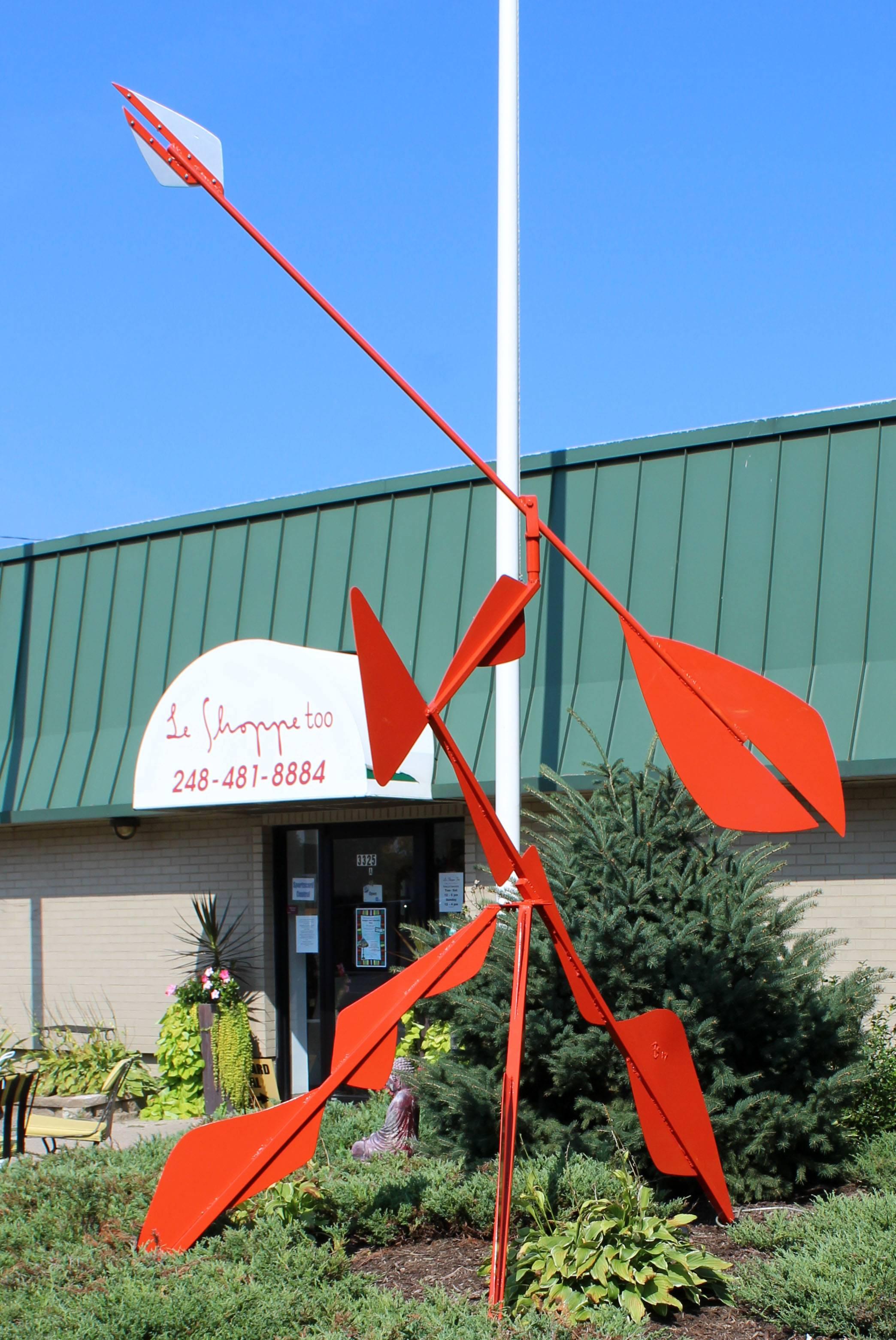 Contemporary Large Abstract Brutalist Orange Metal Outdoor Floor Sculpture In Excellent Condition In Keego Harbor, MI