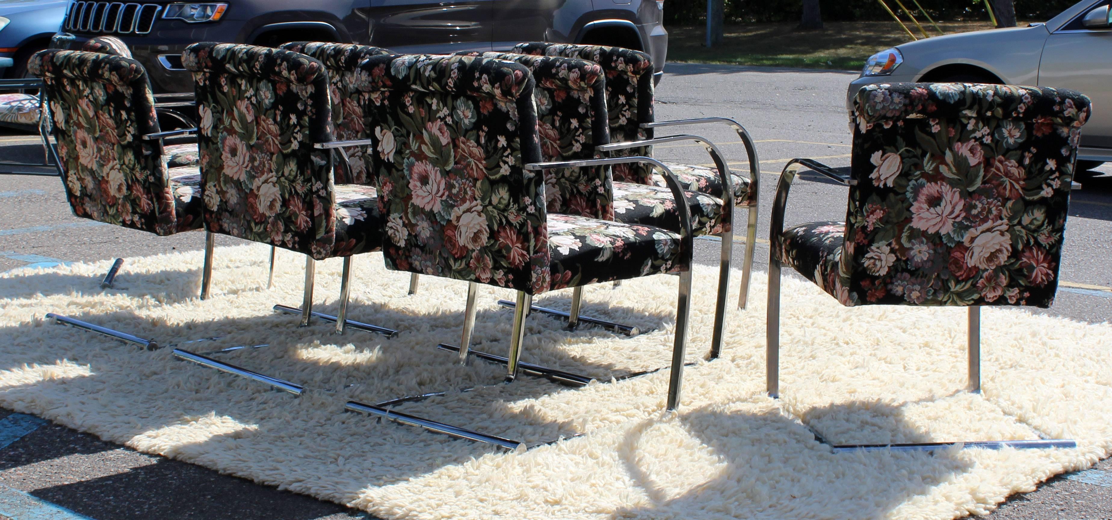 Mid-Century Modern Set Eight Chrome Cantilever Dining Armchairs Knoll Attributed 2
