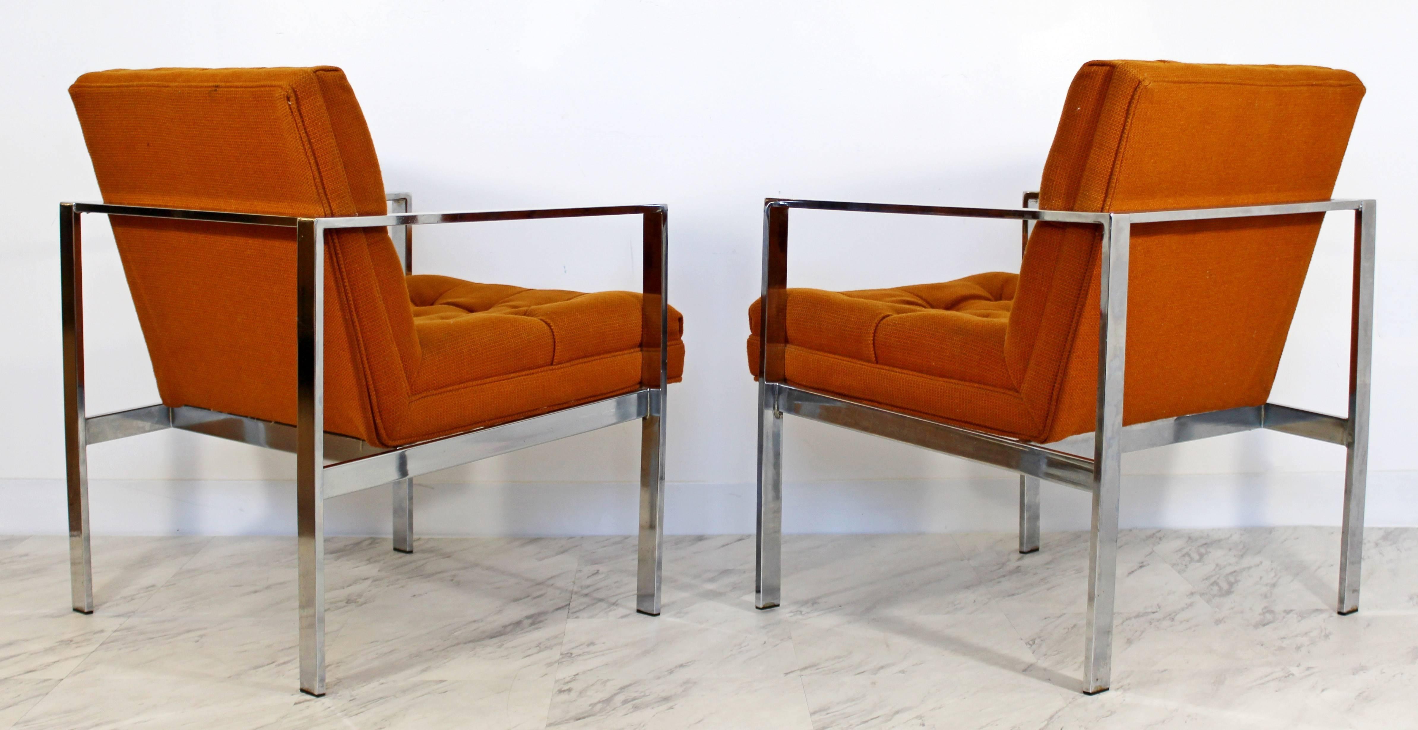 Mid-Century Modern Pair of Tufted Flat Bar Chrome Armchairs Milo Baughman, 1970s In Good Condition In Keego Harbor, MI