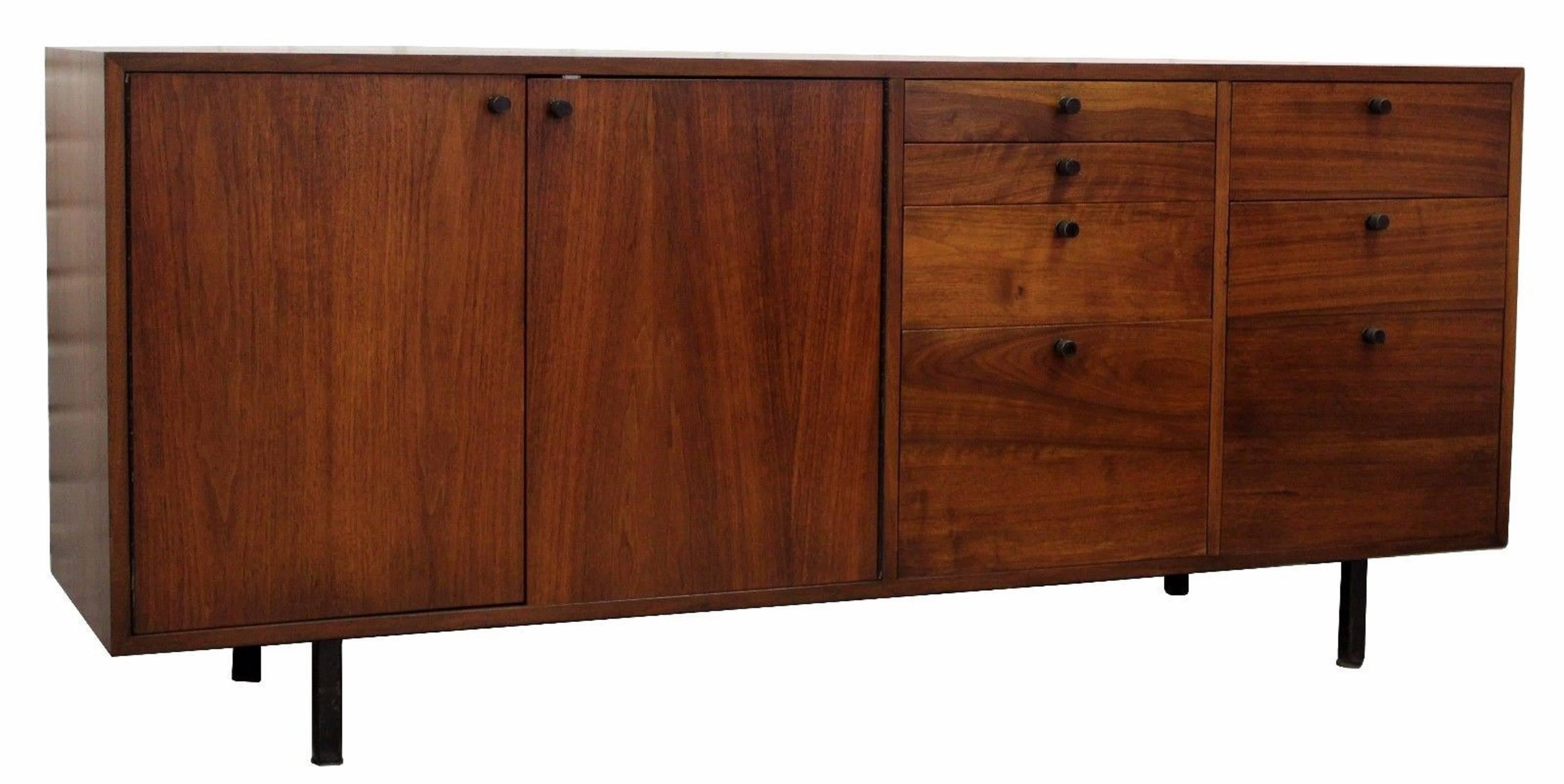 For your consideration is a custom-made, pair of walnut wood credenzas, designed by Ward Bennett or Warren Platner for Lehigh Furniture Co, circa 1965. In excellent condition. The dimensions of the long credenza are 68