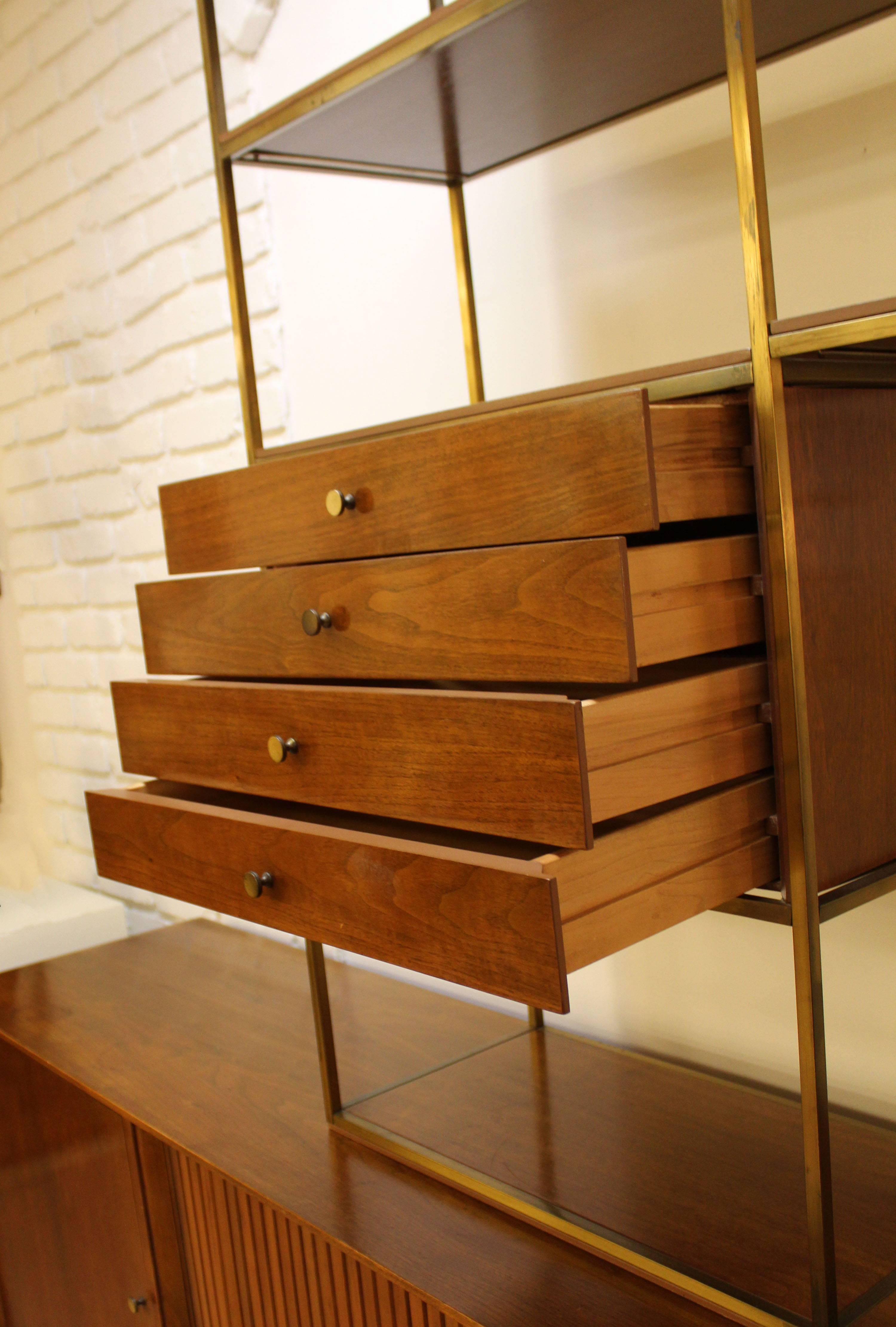 Mid-Century Modern Furnette Brass & Walnut Credenza & Shelving Unit McCobb Style In Good Condition In Keego Harbor, MI