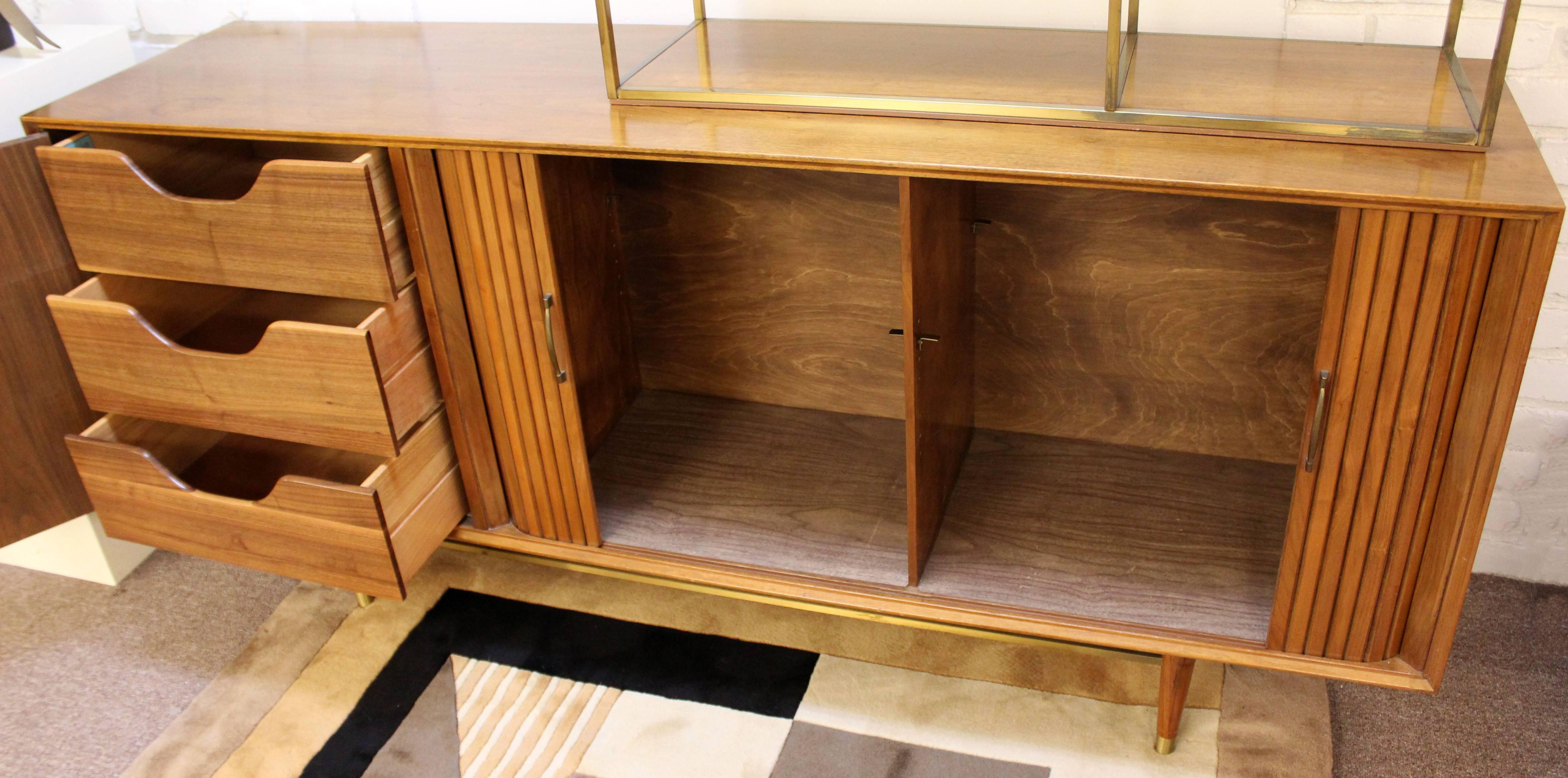 Mid-Century Modern Furnette Brass & Walnut Credenza & Shelving Unit McCobb Style 1