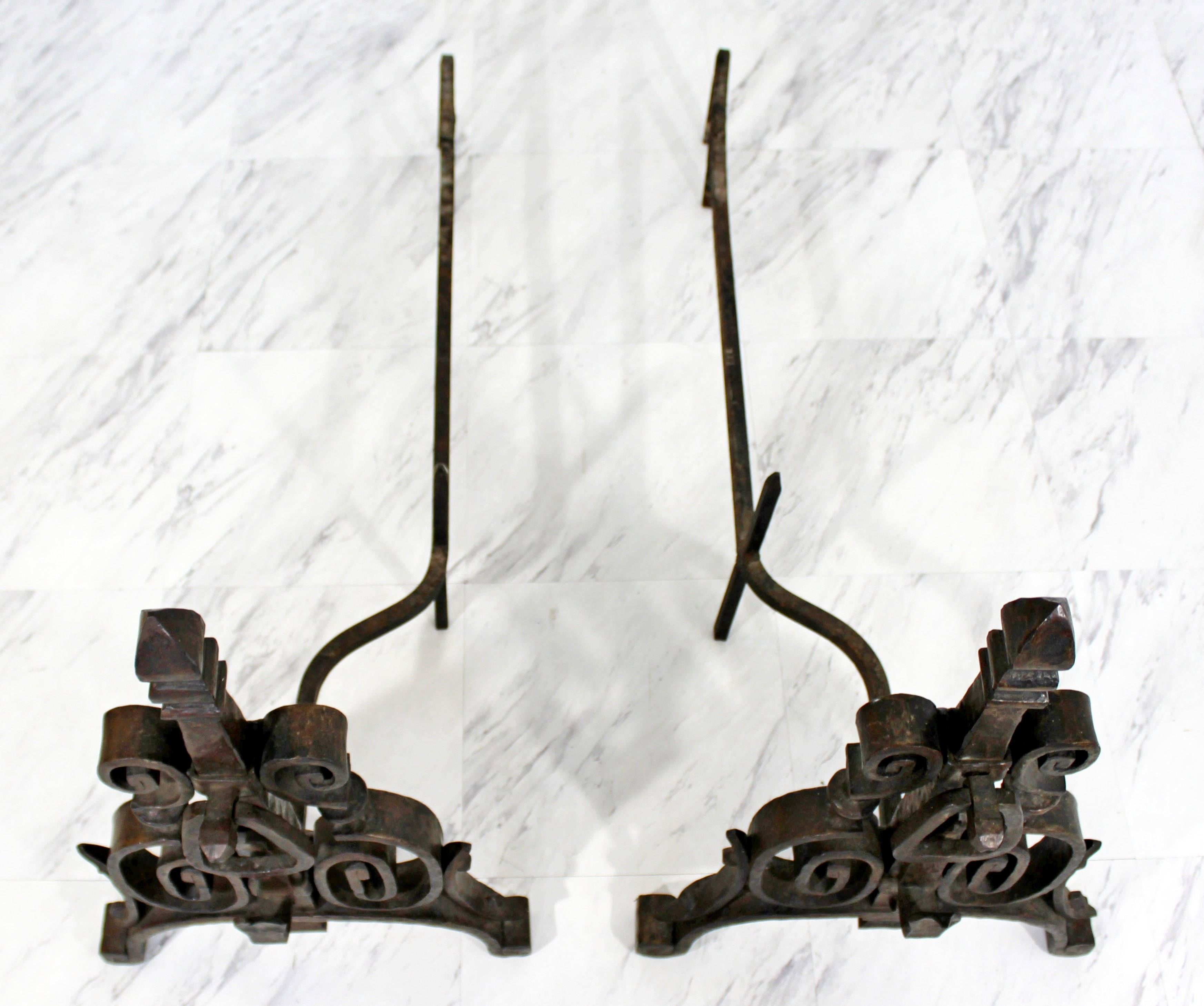 French Art Deco Hand-Forged Wrought Iron Andiron Fireplace Tool Set and Screen 1