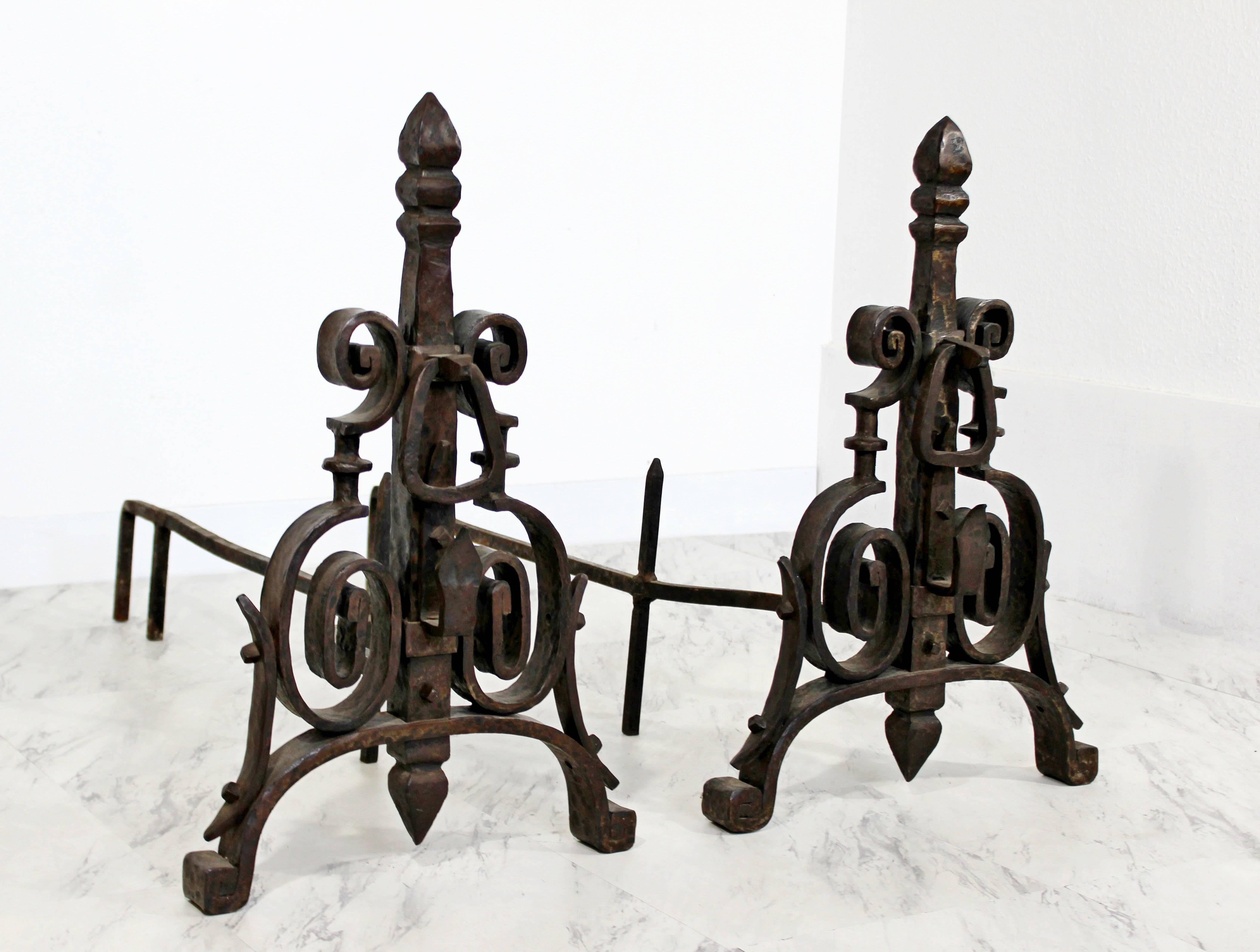 French Art Deco Hand-Forged Wrought Iron Andiron Fireplace Tool Set and Screen 2