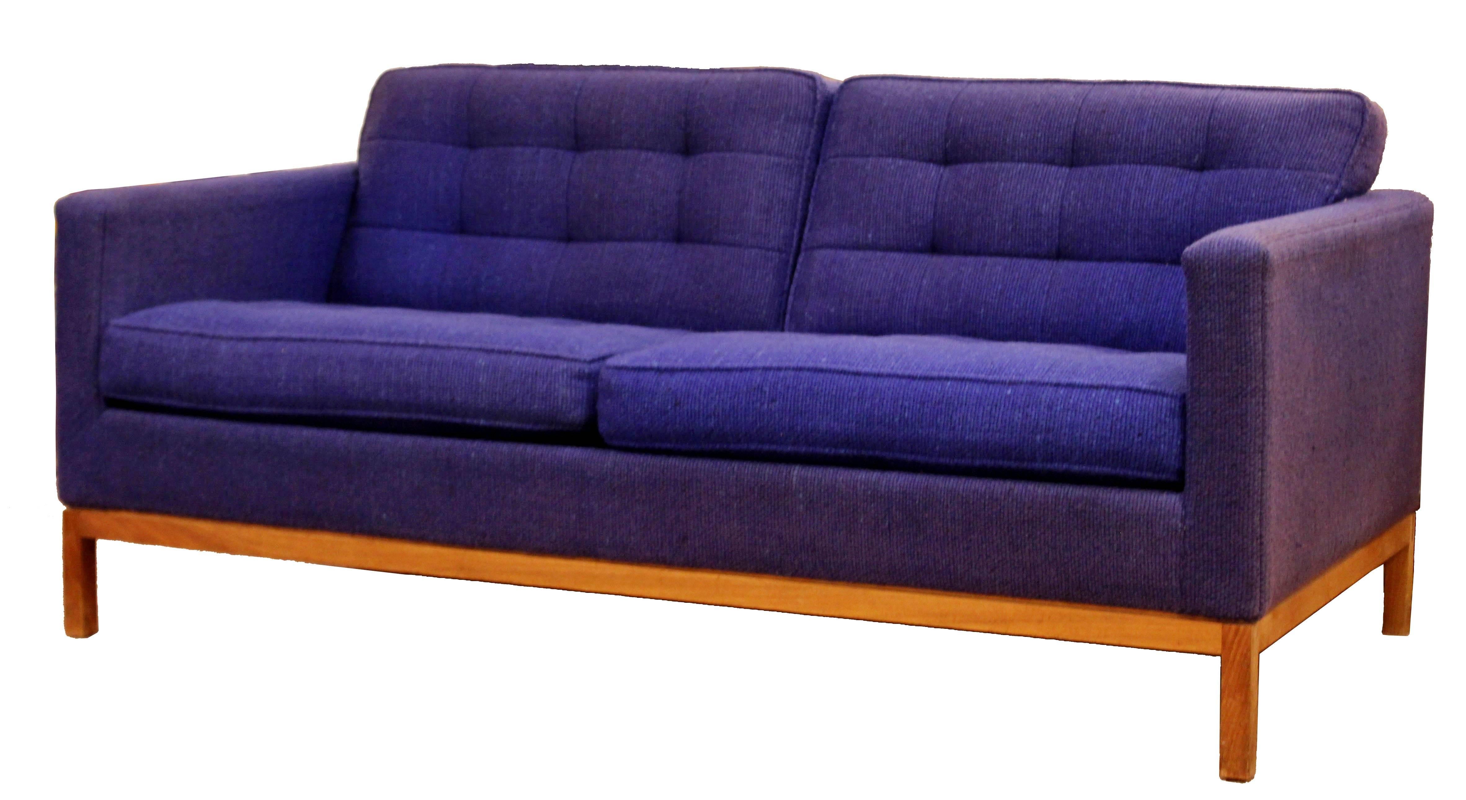 American Mid-Century Modern Florence Knoll Pair of Tufted Loveseat & Sofa Wood Base 1950s