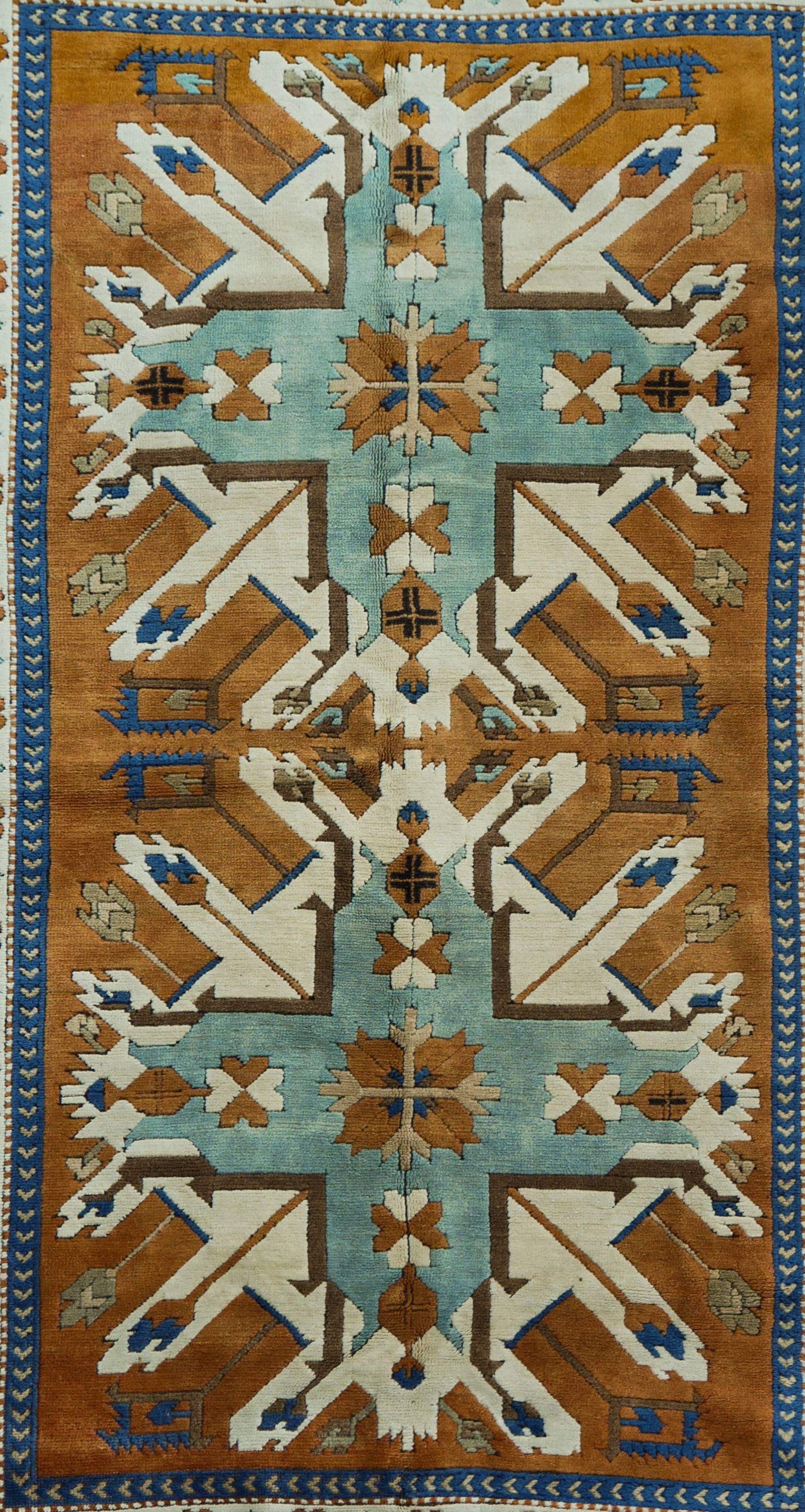 This is a Turkish caucasus ‘Eagle’ kazakh design rug. The eagle kazakhs are made in Karabagh region which borders with N.E. Iran and it is doubtless ‘the most sought-after collector’s item of the Caucasus,’ (-) P.R.J. Ford. This carpet however was