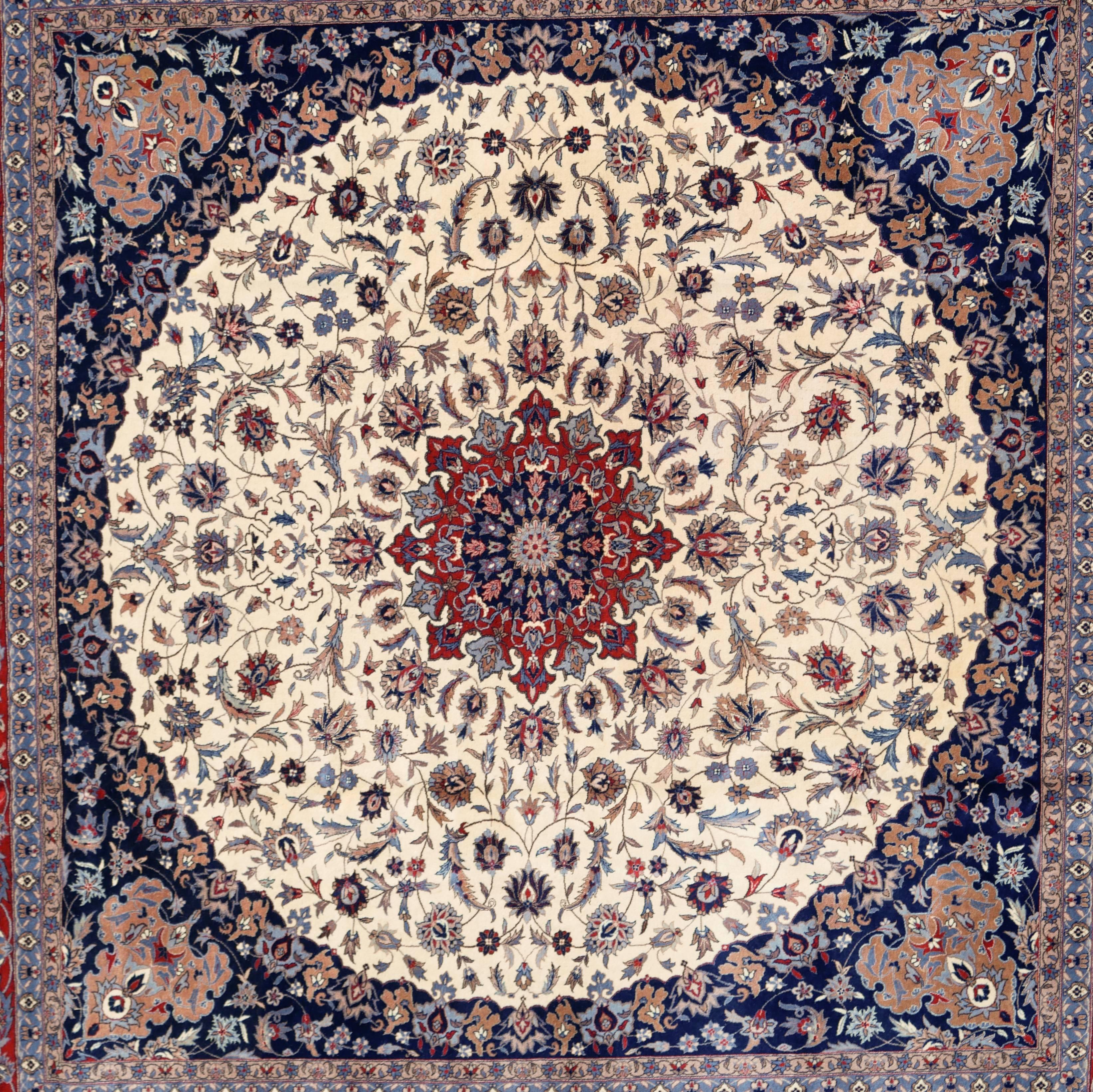 This is a stunningly beautiful square Sino-Persian Isfahan carpet in very fine knot (1 000 000 per square meter) 
Notes on Chinese rugs:
The widely unpopular 'Made in China' stigma attached to most products manufactured in China following the