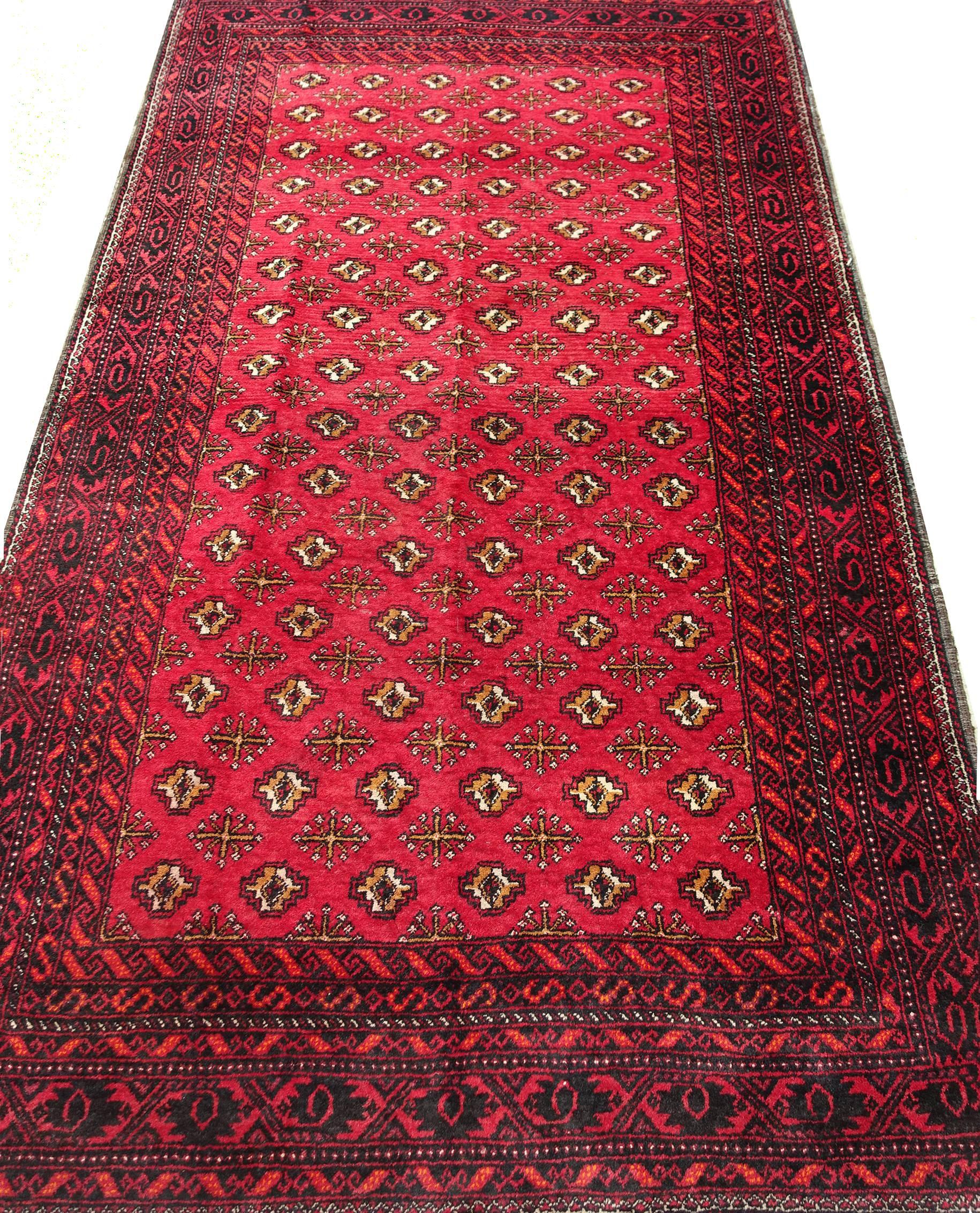 Beautiful Torkaman (Tekke) rug from Iran, circa 1970. Measures: 210 x 120 cm or 6.11' x 3.11' feet
This is a very fine quality kork wool and goat’s hair Turkoman rug with Tekke gul and rich and colorful borders. 
It measures 210 x 120 cm and it