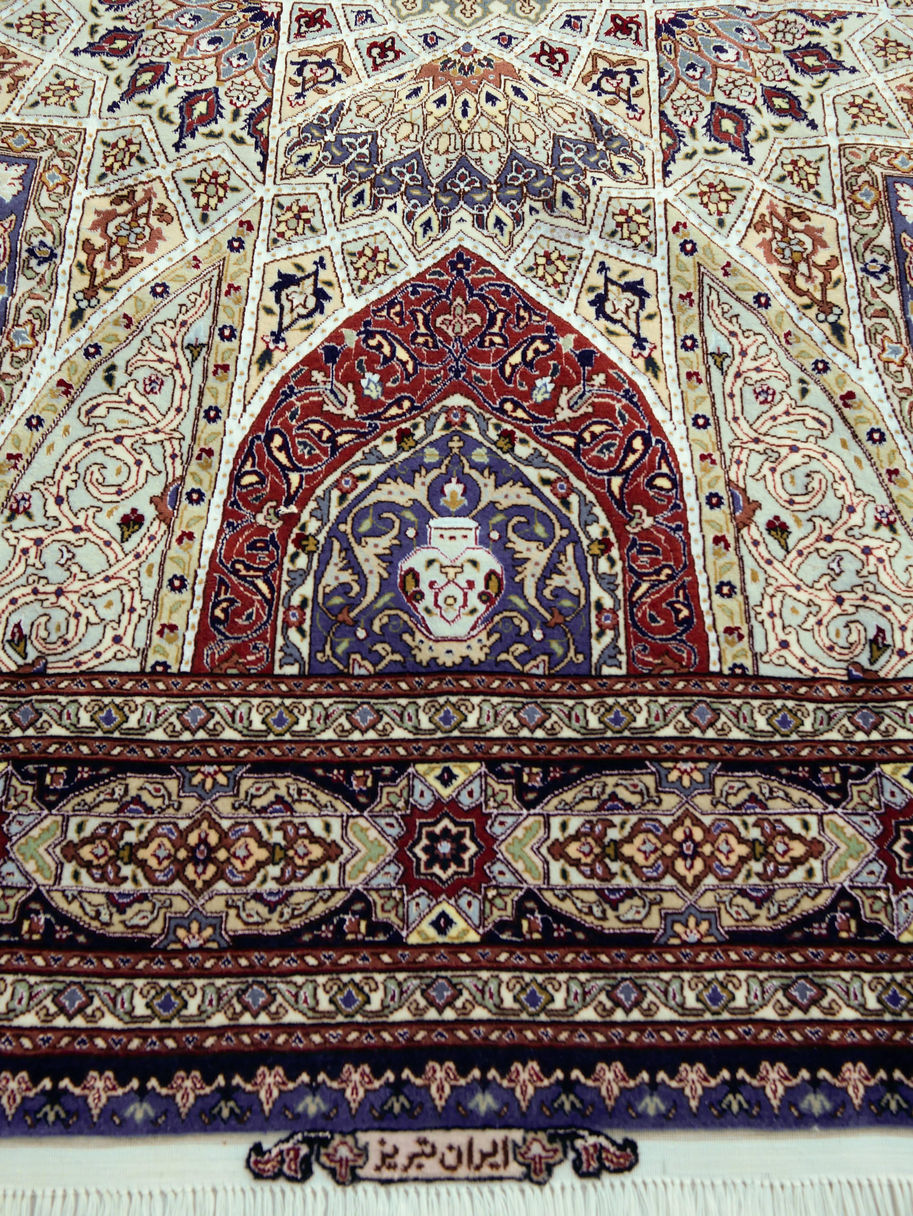 This is a gorgeous new, never ever used authentic Persian 60 Raj (super fine) Tabriz carpet in Isfahan design.
It is said that many Isfahan master weavers draw their inspiration from the ceiling mosaics in the city’s Shah Mosque. This carpet