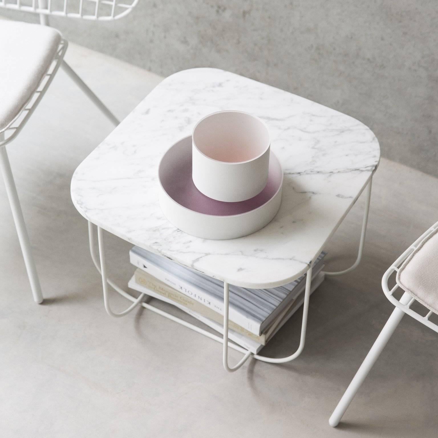 Scandinavian Modern Cage Side Table by Form Us with Love, White Metal Frame with White Marble Top