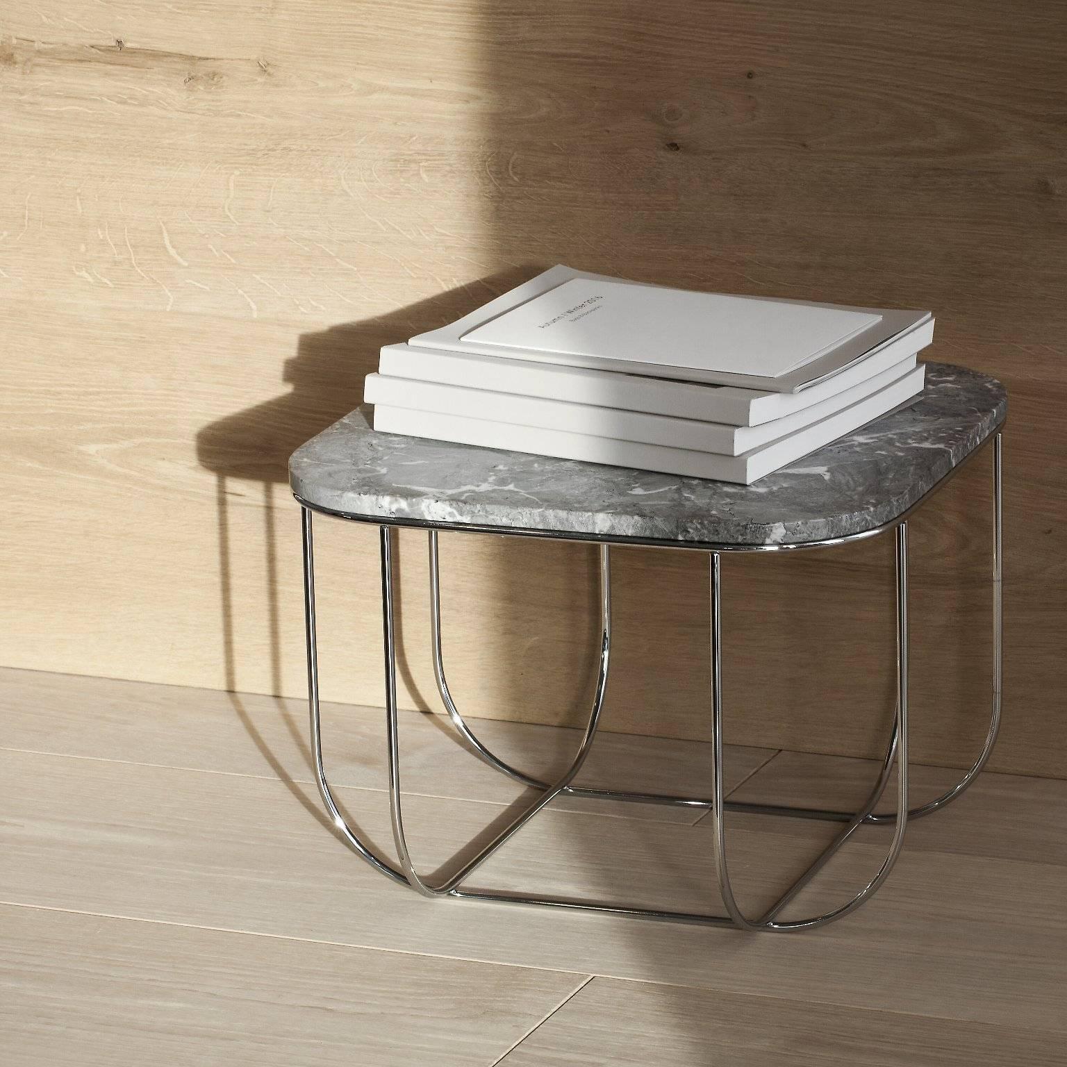 Scandinavian Modern Cage Side Table by Form Us with Love, Chrome Metal Frame with Grey Marble Top