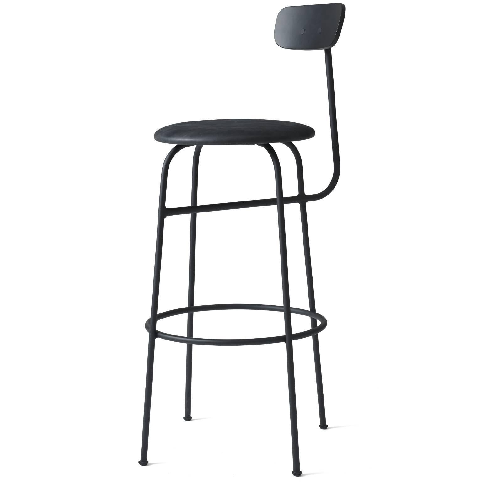 Scandinavian Modern Bar Stool by Afteroom, Black Steel Frame, with Black Leather Upholstery