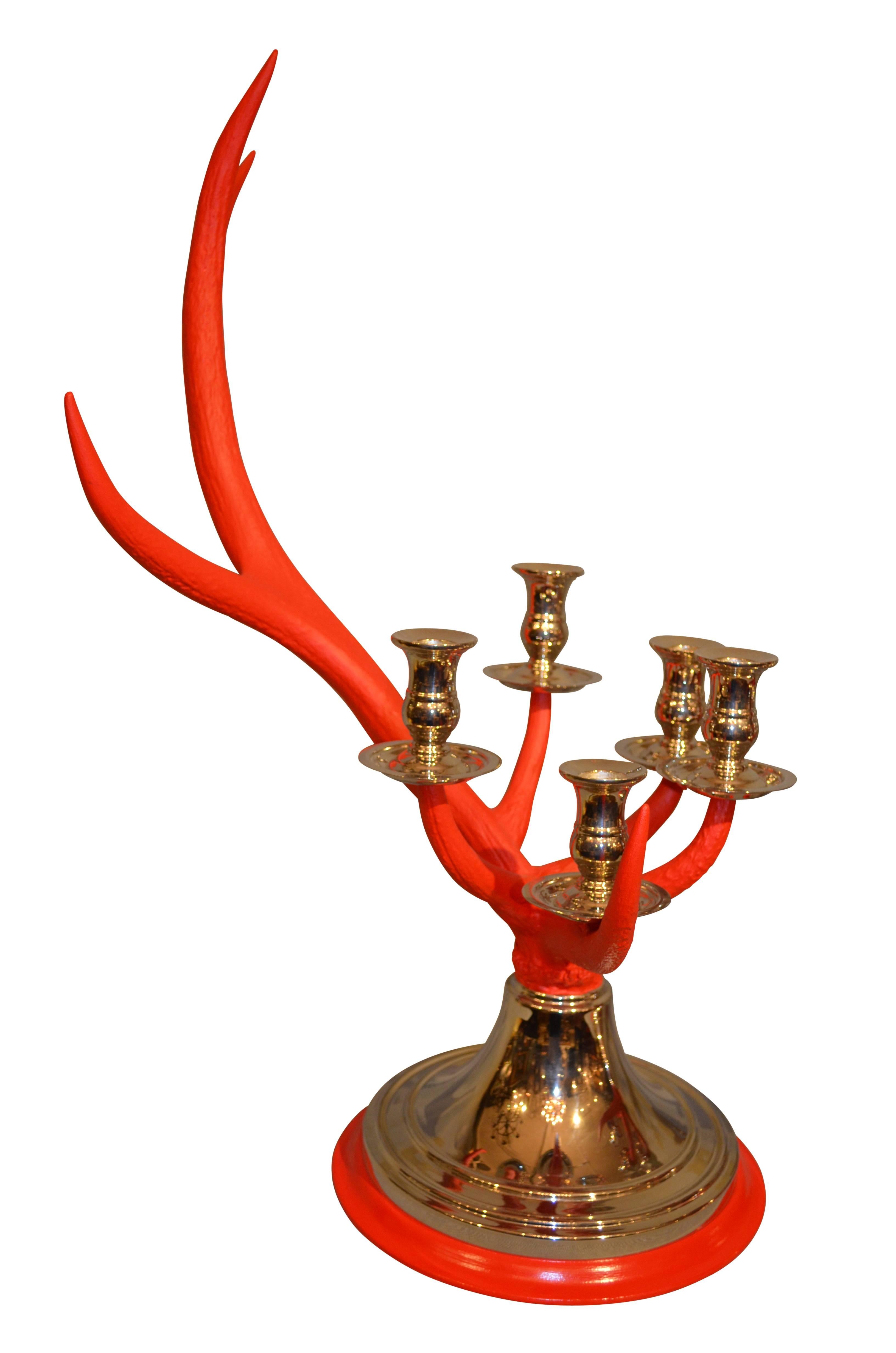 British Anthony Redmile Scottish Stag Red Deer Antler Candlesticks For Sale