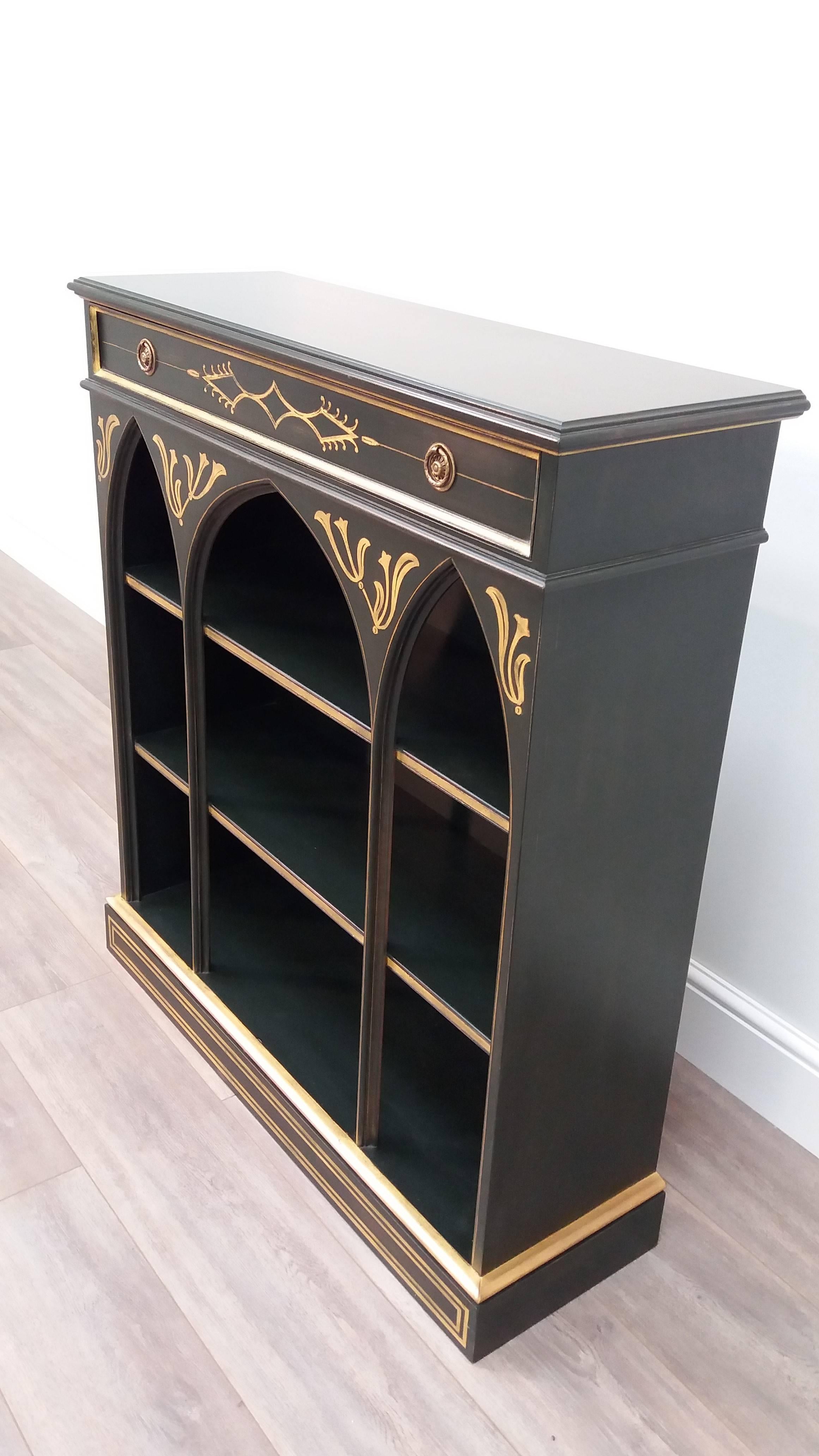 Arthur Brett Victorian Style Painted Gothic Open Bookcase with Top Drawer In Good Condition For Sale In London, GB