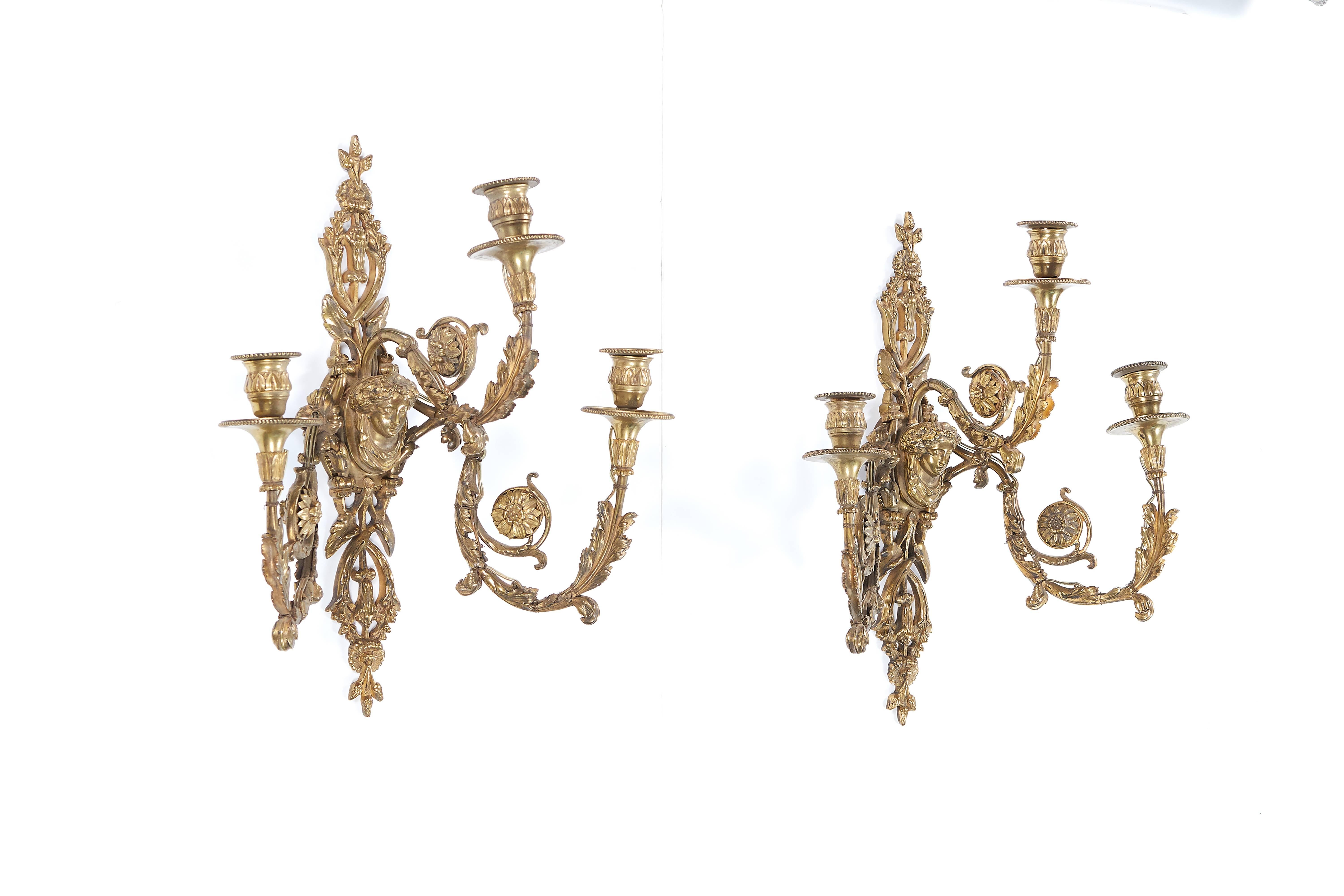 American Pair of Late 19th Century Gilt-Bronze Three-Light Wall Appliqués