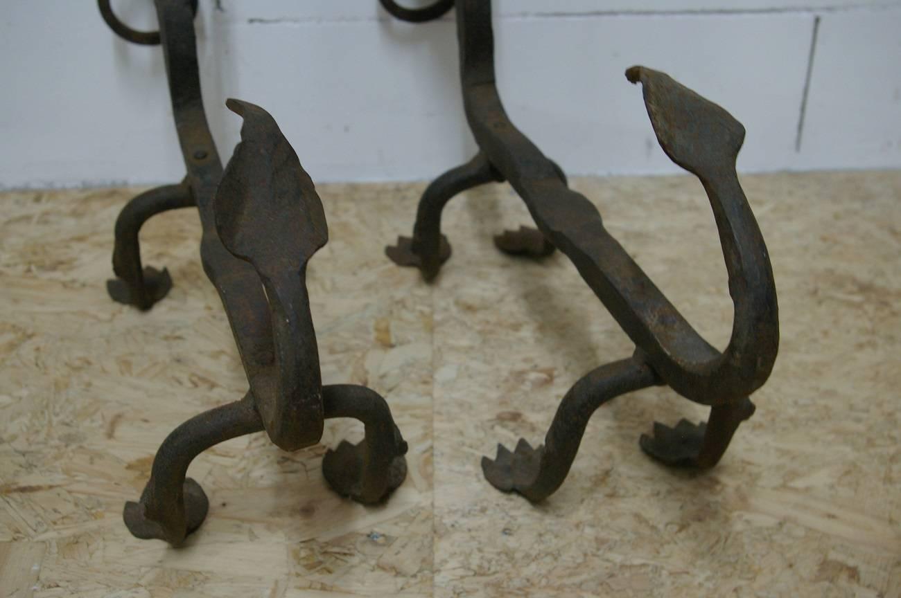 Hand-Crafted Samuel Yellin Style Wrought Iron Dragon Andirons or Chenets, Early 1900s