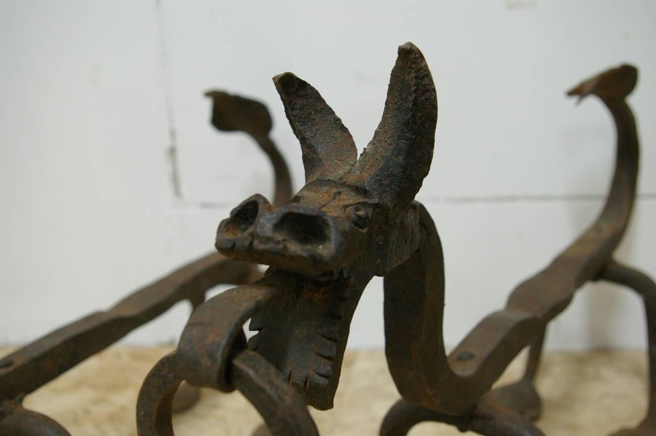 Arts and Crafts Samuel Yellin Style Wrought Iron Dragon Andirons or Chenets, Early 1900s