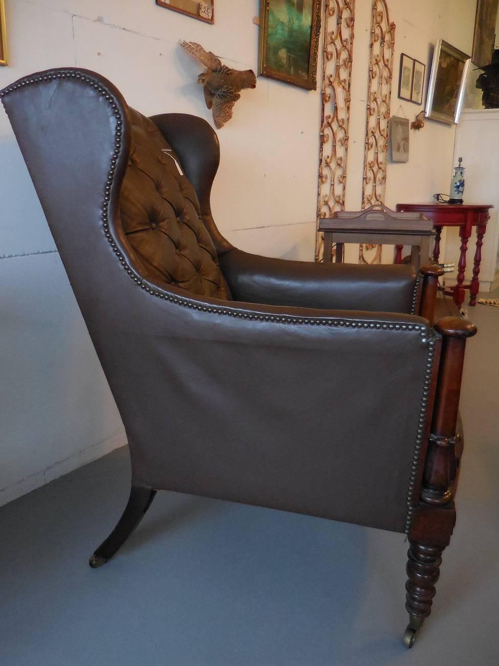 Leather Mid-19th Century Mahogany Wingback Chair, England, circa 1850