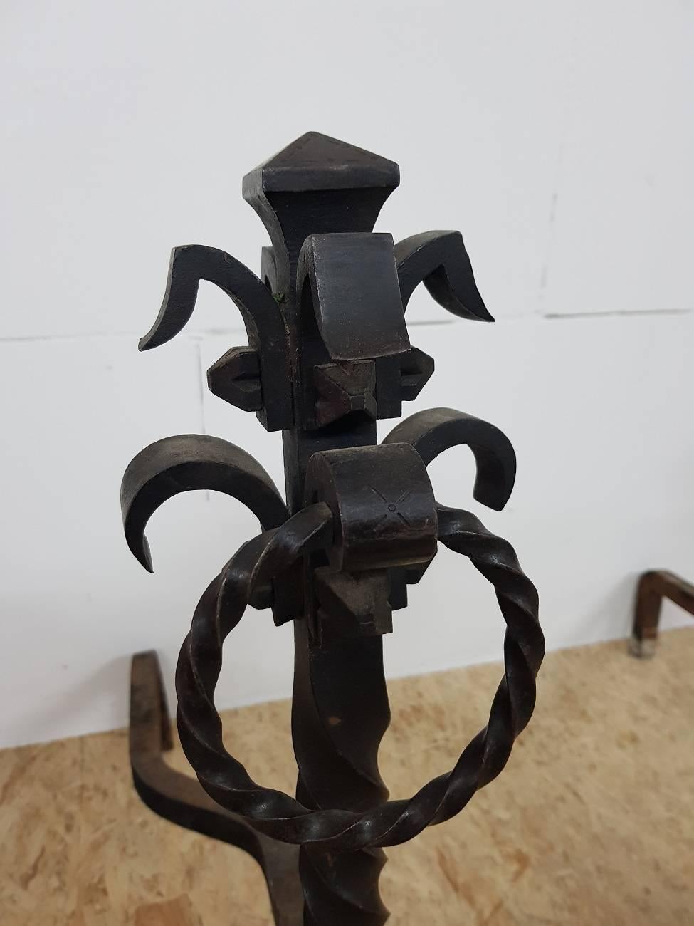 Two Large French Forged Metal Gothic Style Andirons or Chenets, circa 1950 In Good Condition For Sale In Raalte, NL