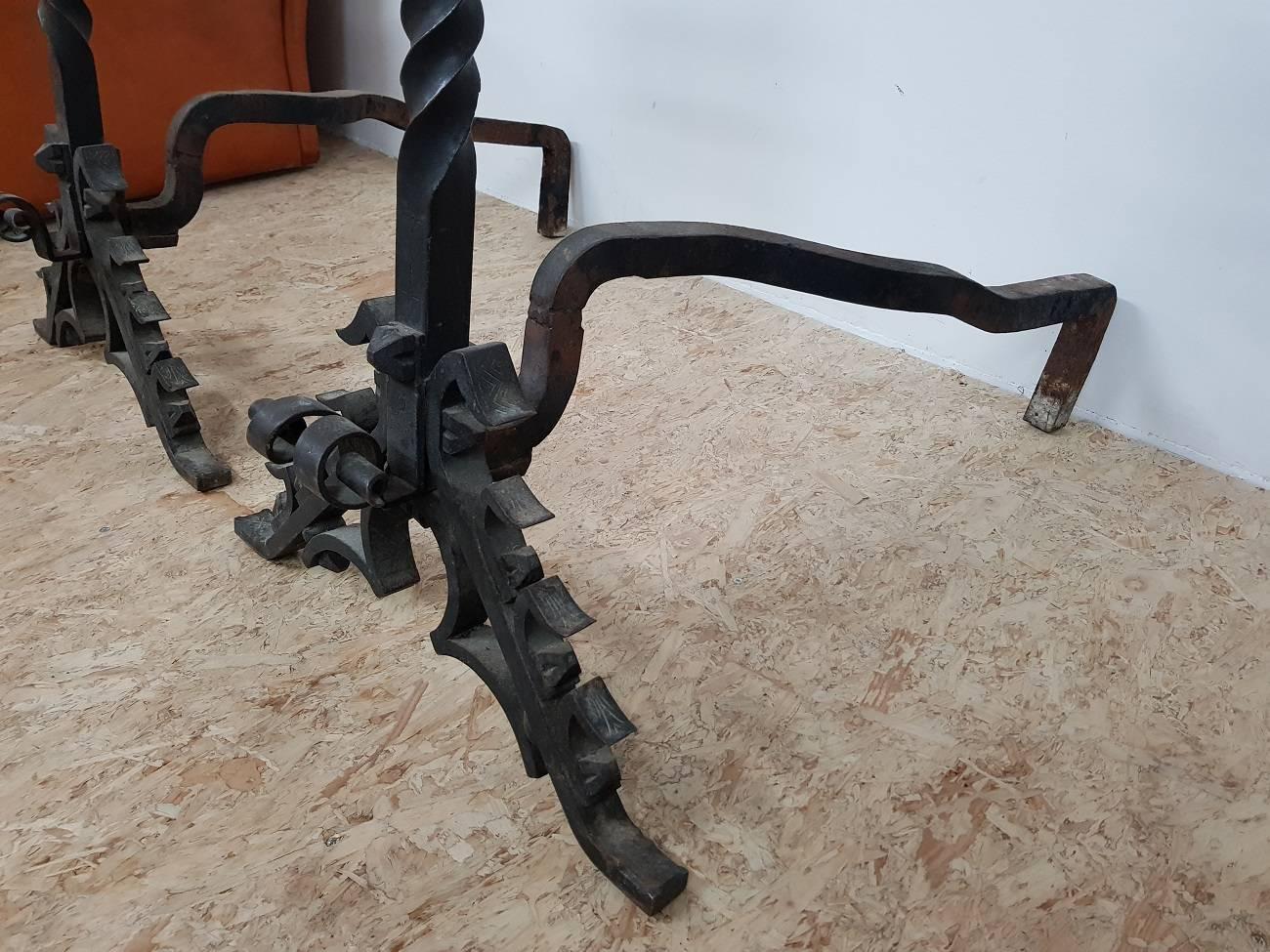 Wrought Iron Two Large French Forged Metal Gothic Style Andirons or Chenets, circa 1950 For Sale