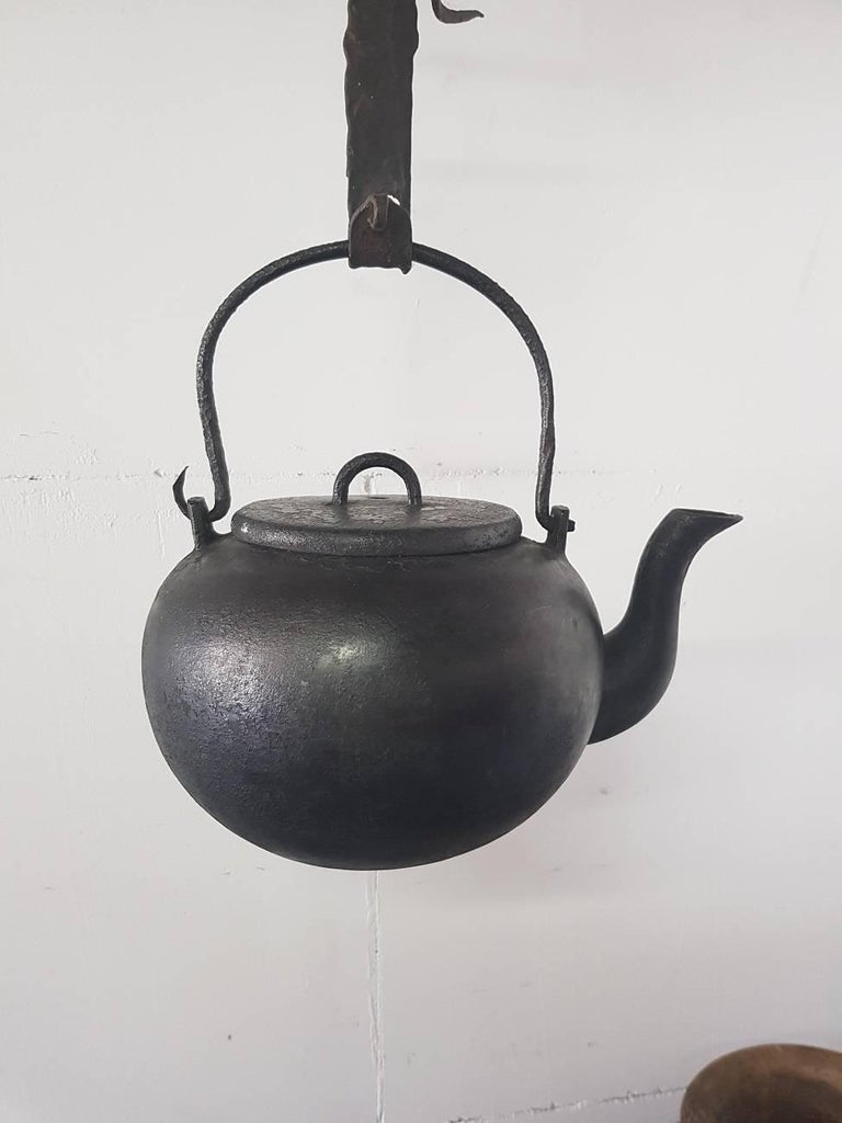 1900 Cast Iron Fire Place Water Kettle with Chain at 1stDibs