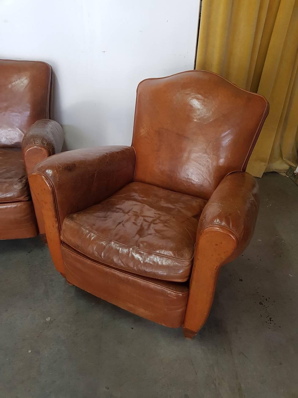 Vintage French Leather Club Chairs with Matching Sofa from the 1950s In Good Condition In Raalte, NL
