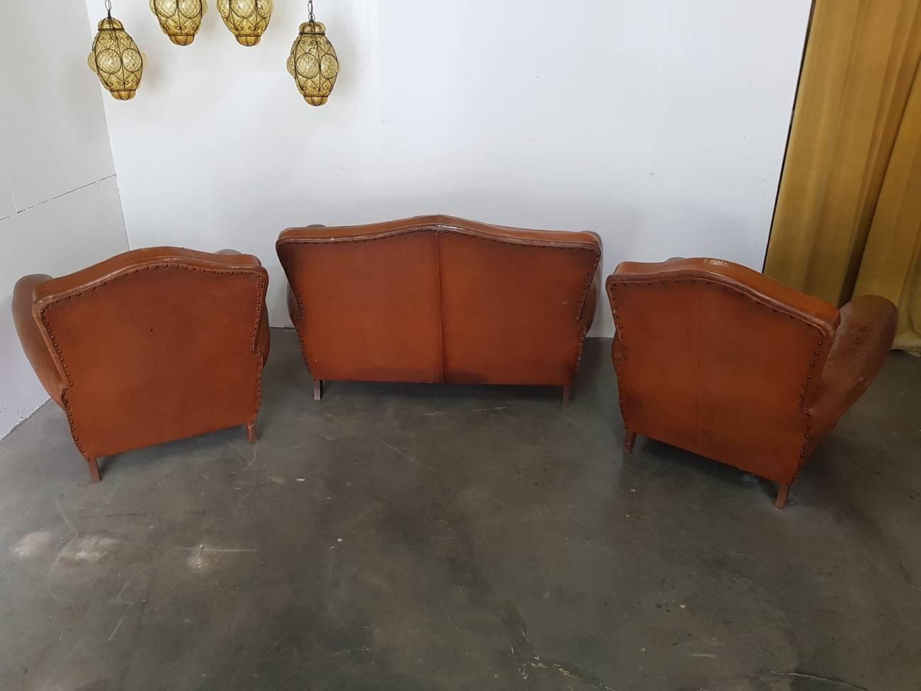 19th Century Vintage French Leather Club Chairs with Matching Sofa from the 1950s