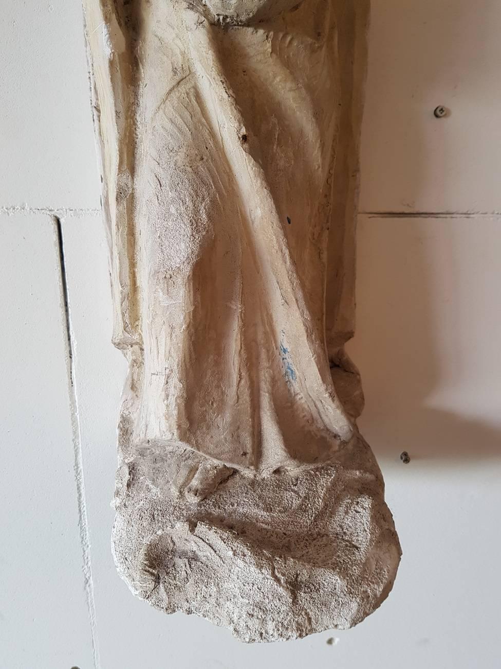 Gothic Old Plaster Wall Statue of a Angel Holding a Pillar