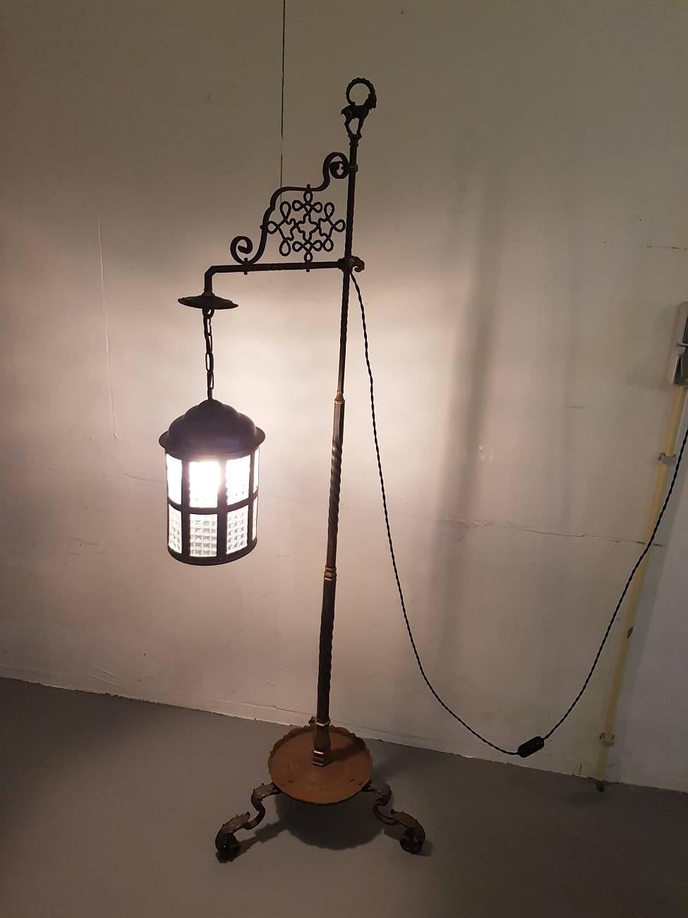 Antique Wrought Iron And Bronze Floor Lamp With Brass Lantern For Antique Wrought Iron And Bronze Floor Lamp With Brass Lantern For At 1stdibs