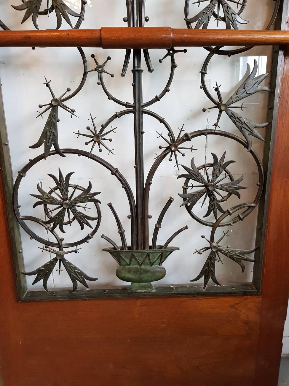 Bronze Rare Early 20th Century Dutch Brons Art Nouveau Door Grille in a Oak Door