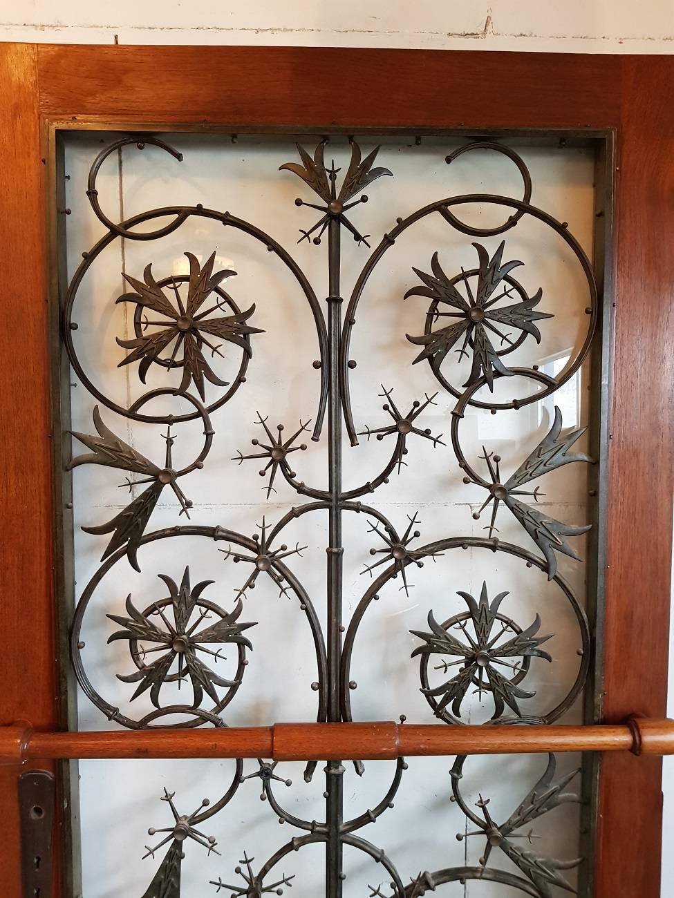 Rare Early 20th Century Dutch Brons Art Nouveau Door Grille in a Oak Door 1