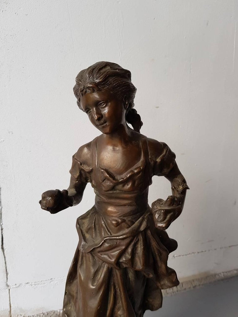 French Bronze Sculpture a Lady with Fruits in Her Hands after E