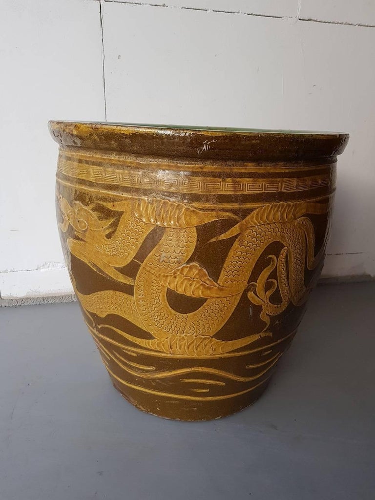 Chinese Vintage Earthenware Planter with Dragons at 1stDibs