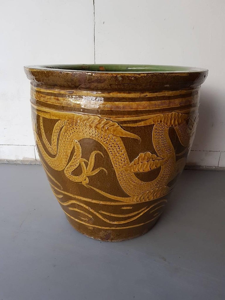 Chinese Vintage Earthenware Planter with Dragons at 1stdibs