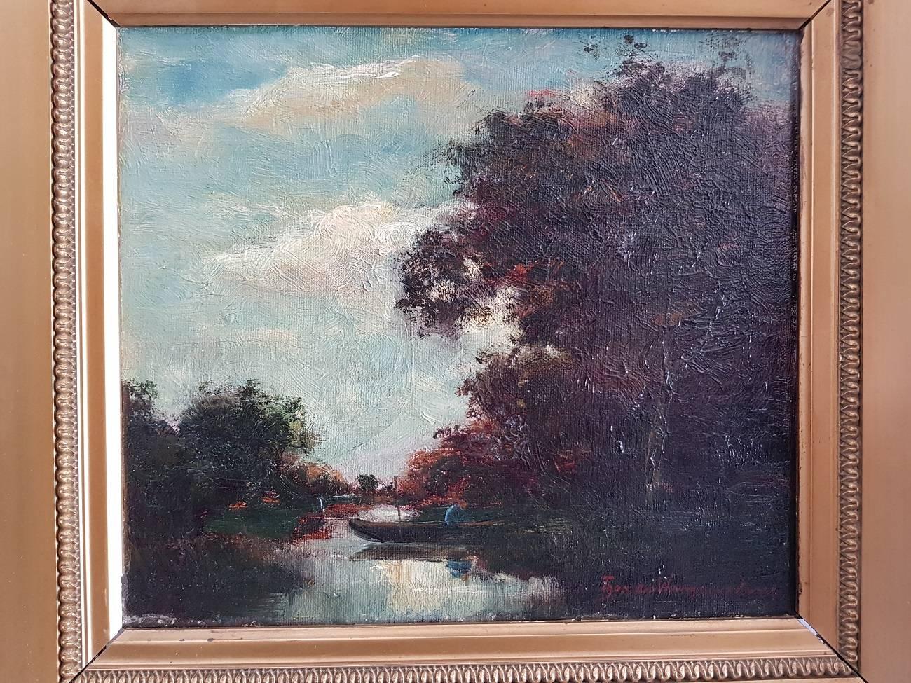 Impressionist work signed lower right by Theo van Wijngaarden (1874-1952) depicting “Fisherman in boat” marouflé. This artist became famous for his contacts with master forger Han van Meegeren.

The measurements are including frame,
Depth 6 cm/