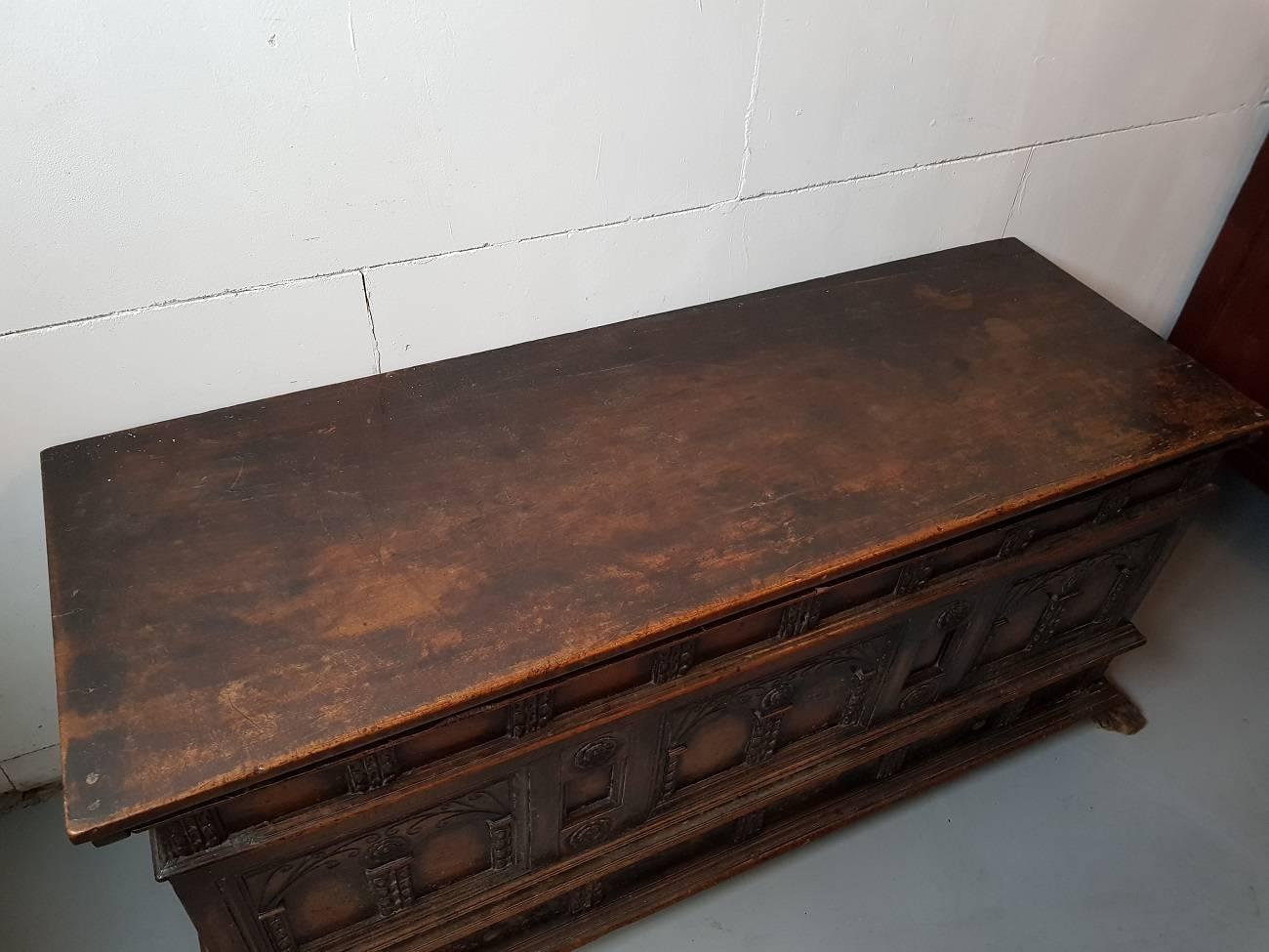 Nutwood 18th Century Italian Carved Cassone Trunk in Renaissance and Gothic Style