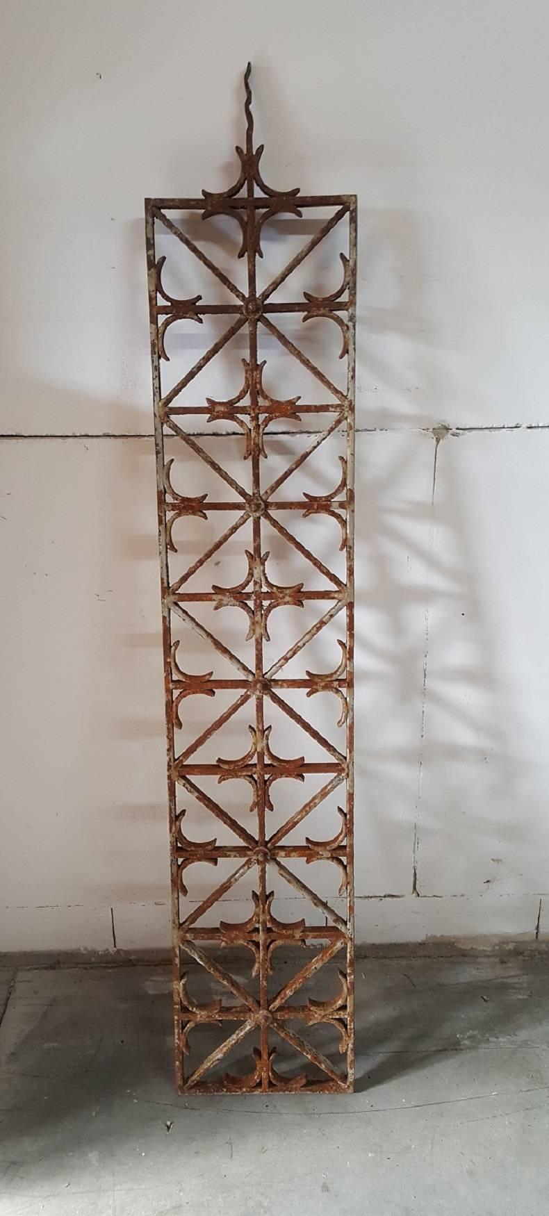 Set of five French wrought iron panels from circa 1950 with a wonderful patina. In a good but weathered condition.

The measurements are
Depth 1.5 cm/ 0.6 inch.
Width 21 cm/ 8.2 inch.
Height 112.5 cm/ 44.3 inch.