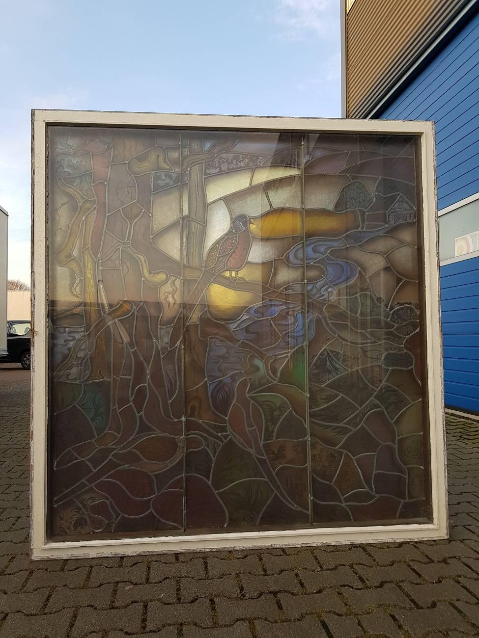 Dutch Vintage Very Large Painted Stained Glass Window 5