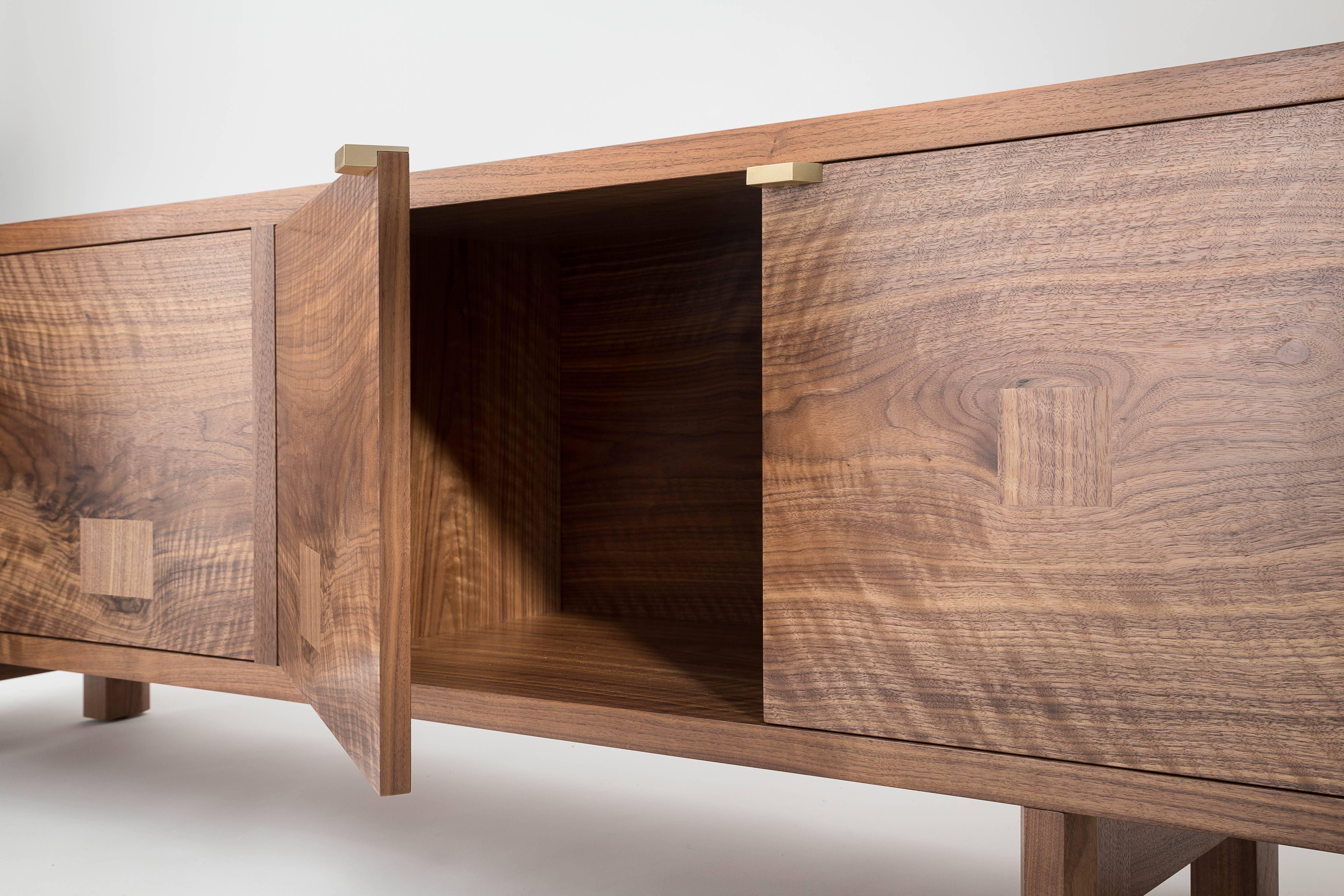 American Martin Credenza, Walnut and Brass, Four-Door, Customizable For Sale