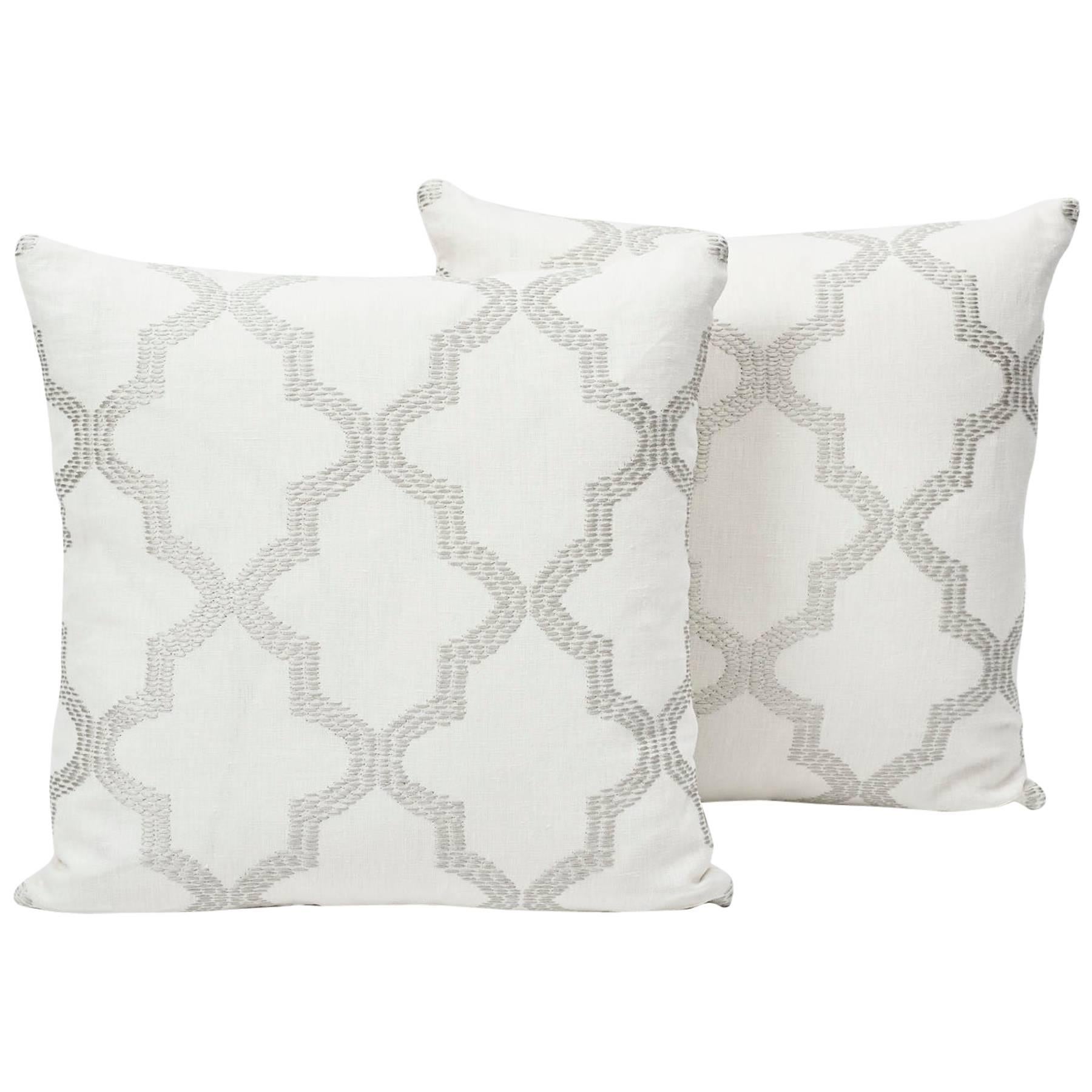 Modern Schumacher Tangier Embroidery Moroccan Geometric Silver Two-Sided Pillow For Sale