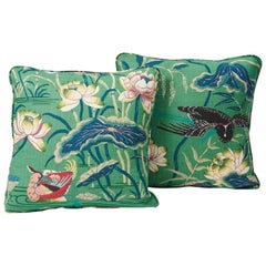 Schumacher Lotus Garden Japanese Floral Jade Green Linen Two-Sided 18" Pillow